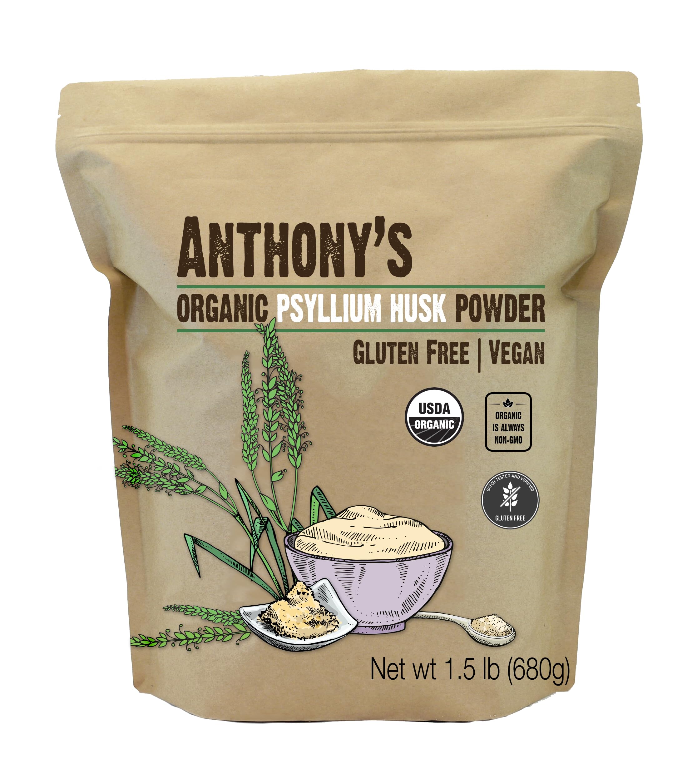 Anthony's psyllium organique, emballage visible, idéal pour une routine digestive quotidienne