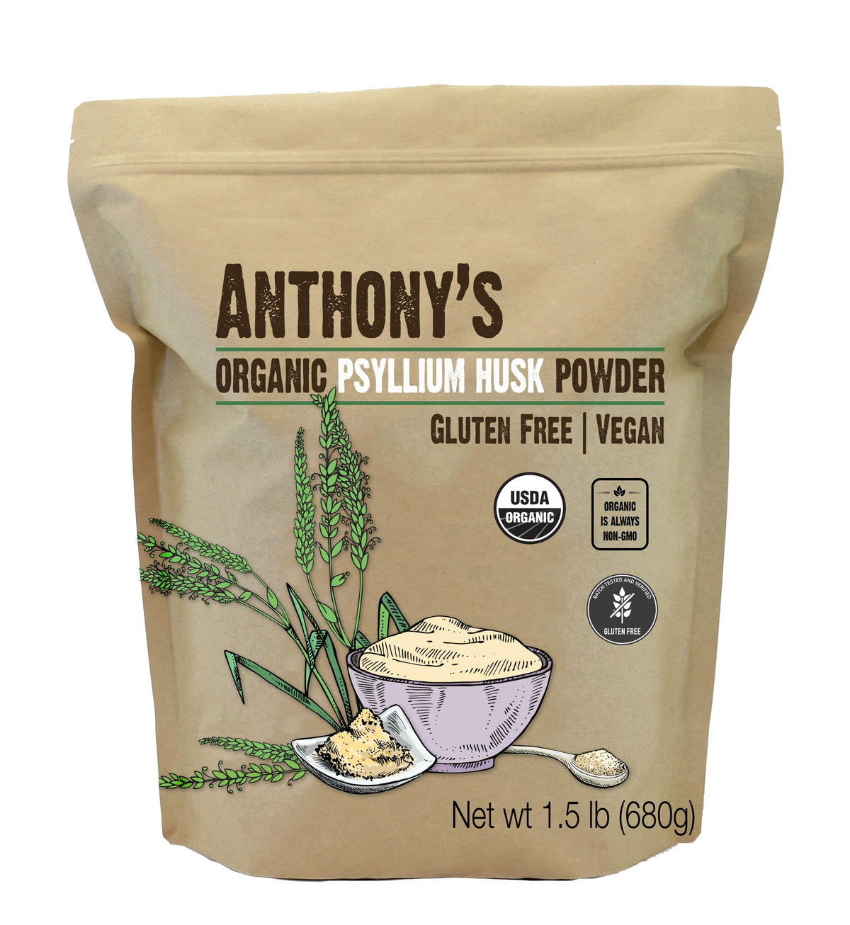 Anthony's psyllium organique, emballage visible, idéal pour une routine digestive quotidienne