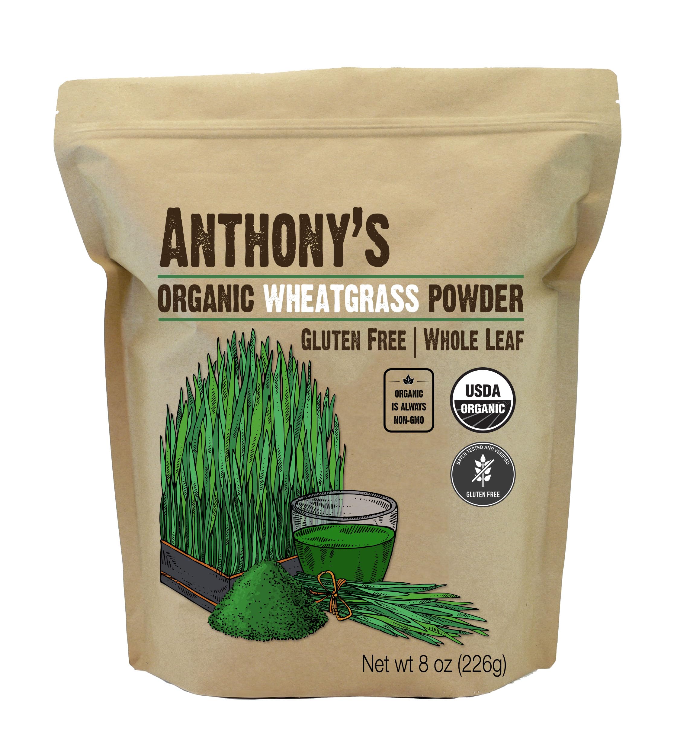 Anthony's Poudre d'herbe de blé biologique, texture fine prête pour smoothies.