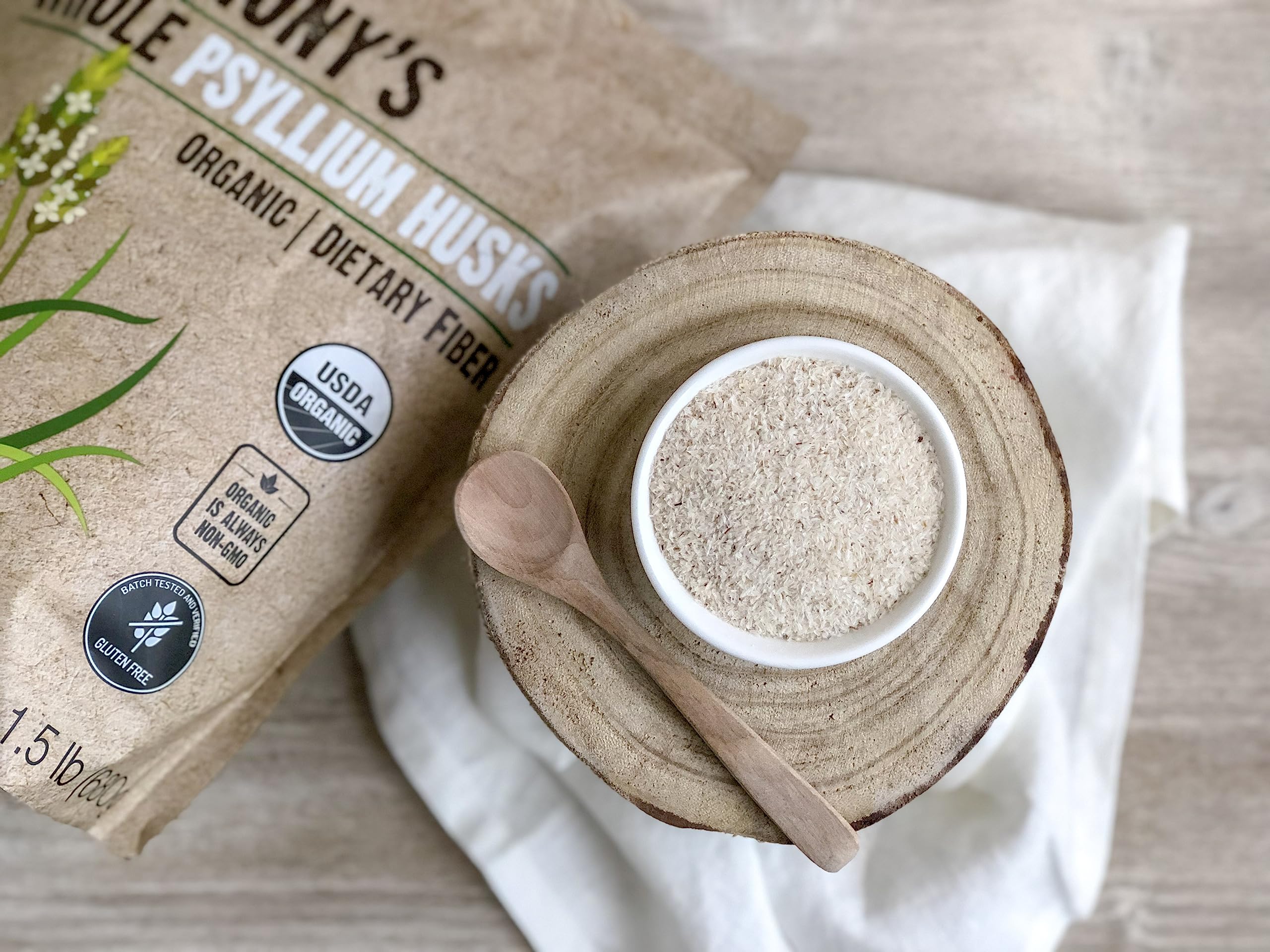 Emballage recyclable d'Anthony's psyllium entier, solution pratique et durable.