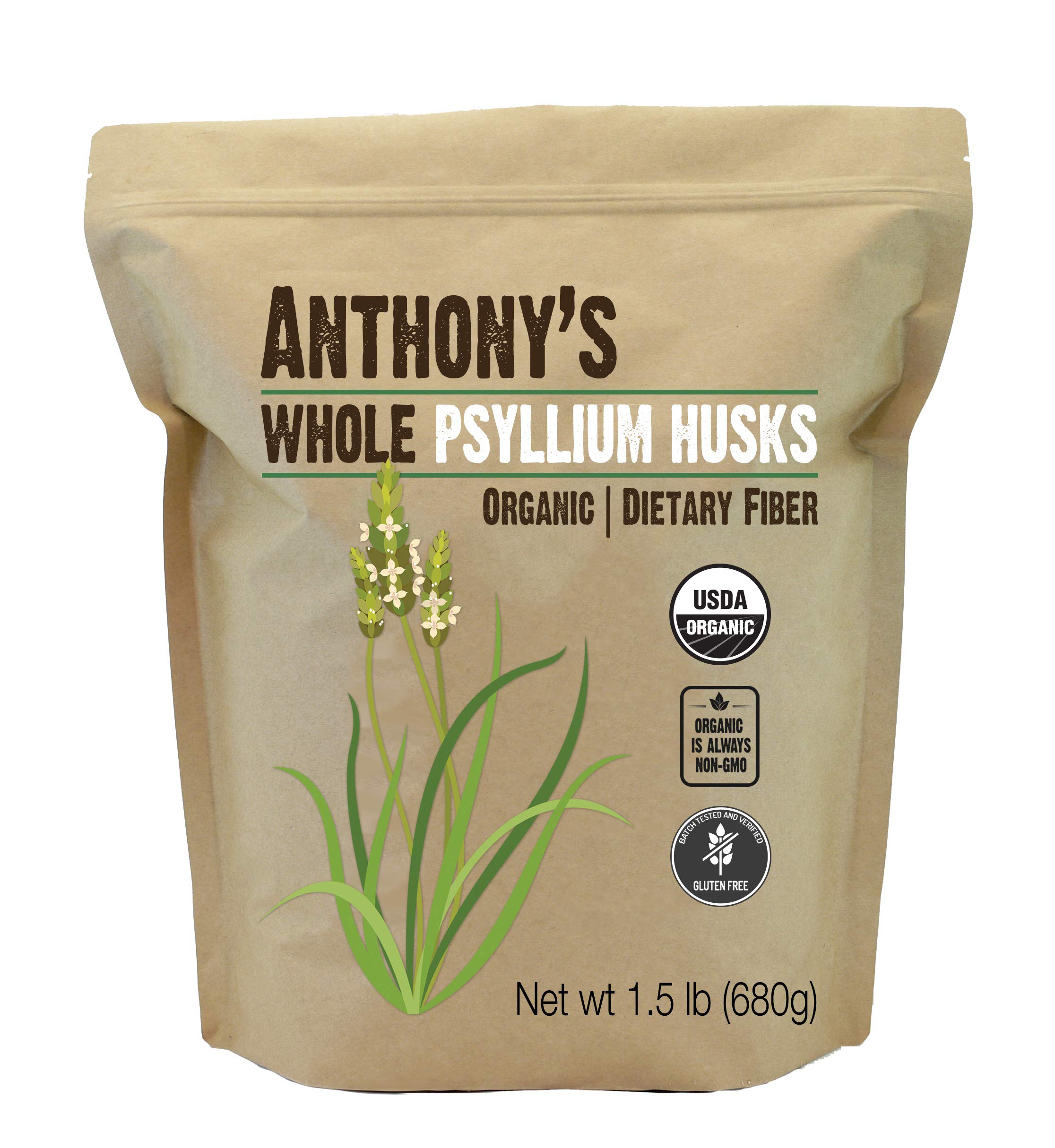 Anthony's psyllium entier dans son paquet, idéal pour démarrer votre routine fibre quotidienne.