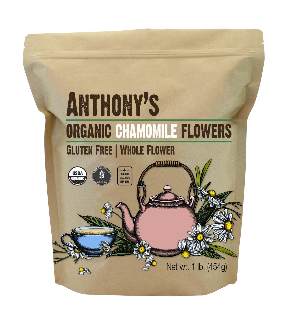 Anthony's Camomille Bio — Fleurs entières pour infusion aromatique et relaxante.