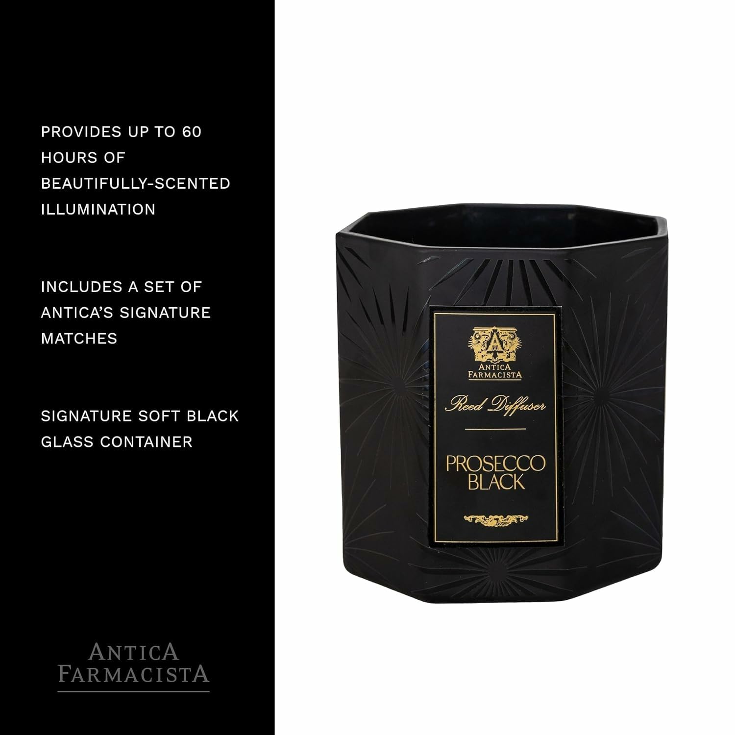 Bougie Prosecco Black, jusqu'à 60 heures de parfum diffusé.