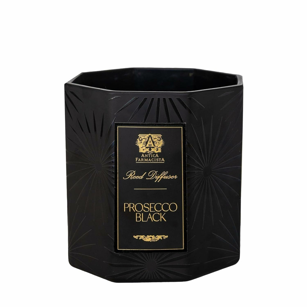 Bougie Antica Farmacista à trois mèches Prosecco Black dans un pot en verre élégant.