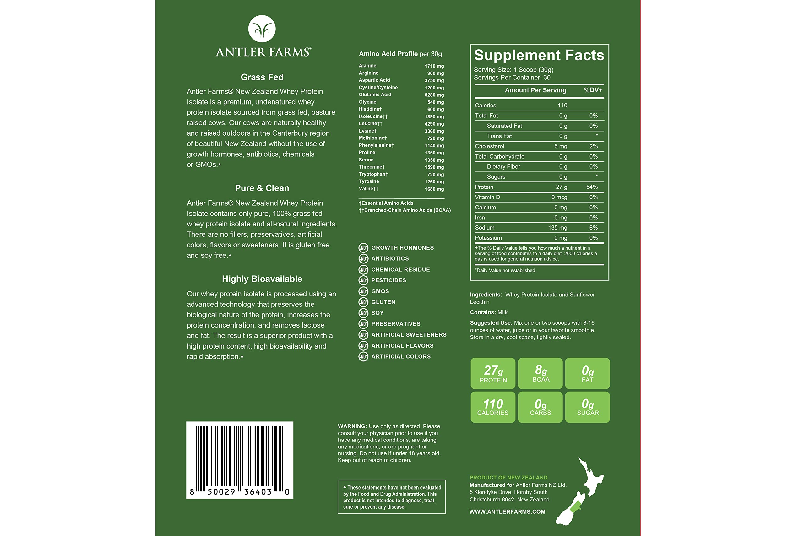 Étiquette Antler Farms whey isolate Nouvelle-Zélande, ingrédients simples
