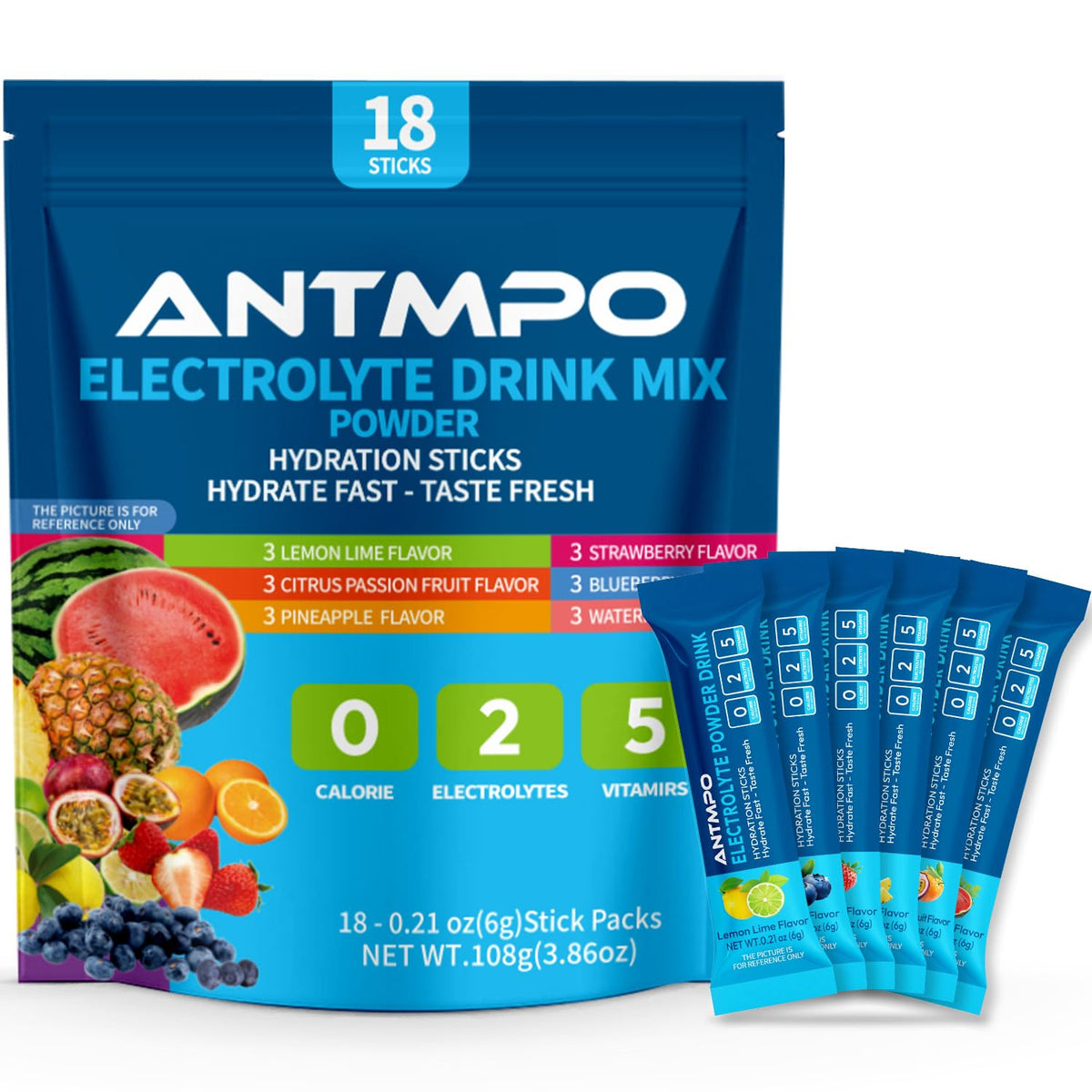 ANTMPO sachets électrolytes Citron-Lime pour une hydratation rapide sans calories.