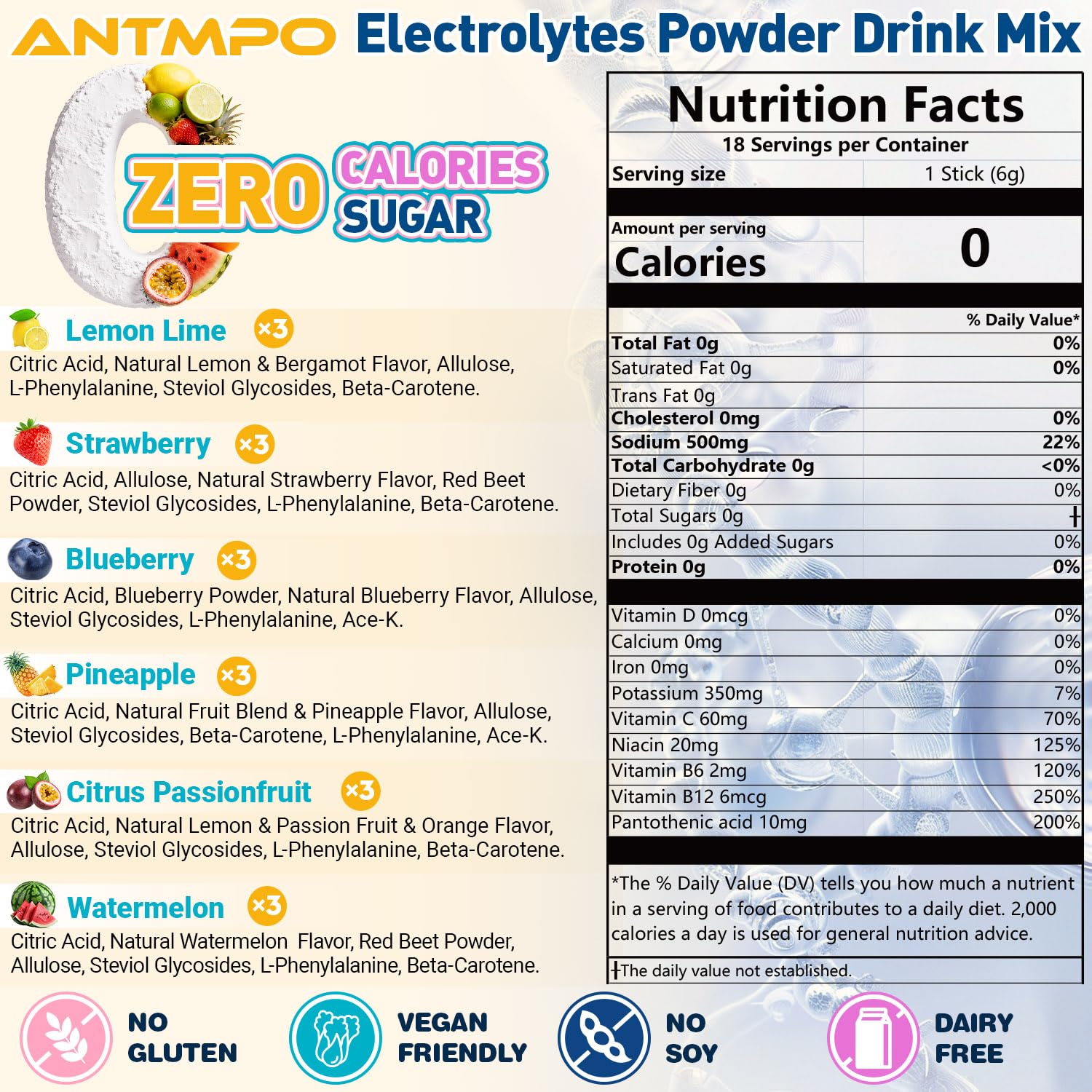 ANTMPO sachets électrolytes Fraise apportent saveur naturelle sans sucre ajouté.