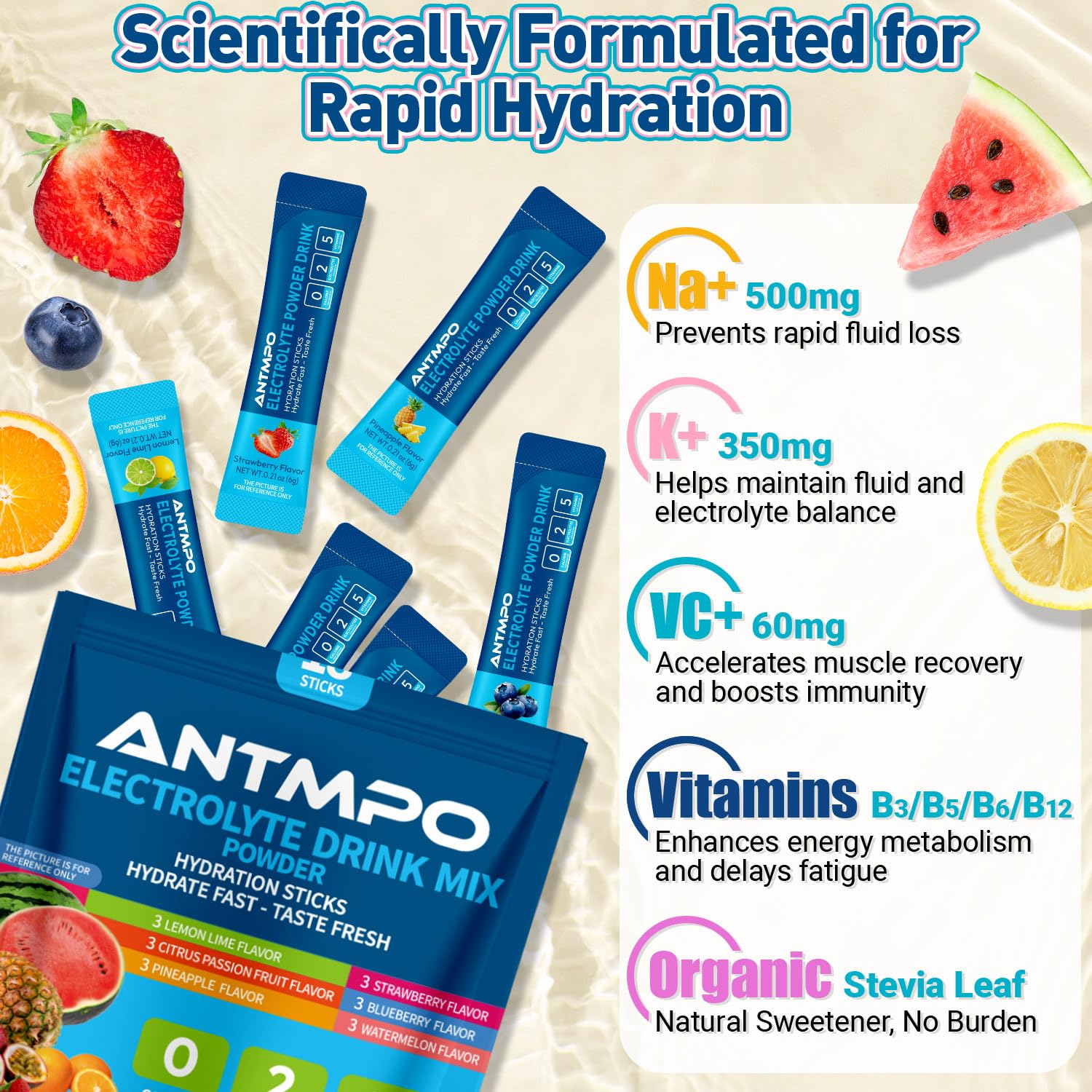 ANTMPO sachets électrolytes Myrtille offrent réhydratation après l effort avec goût fruité.