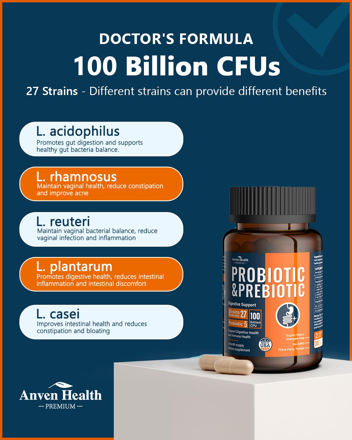 Anven Health – Capsules à libération retardée protégeant les probiotiques jusqu’à l’intestin.