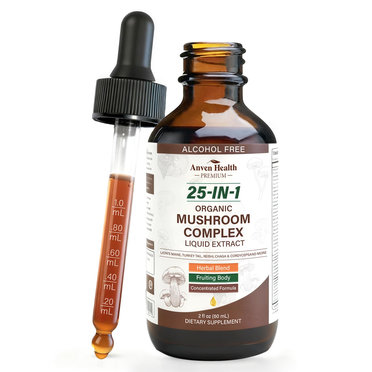 Anven Health gouttes 25-en-1, flacon avec compte-gouttes pour énergie durable.