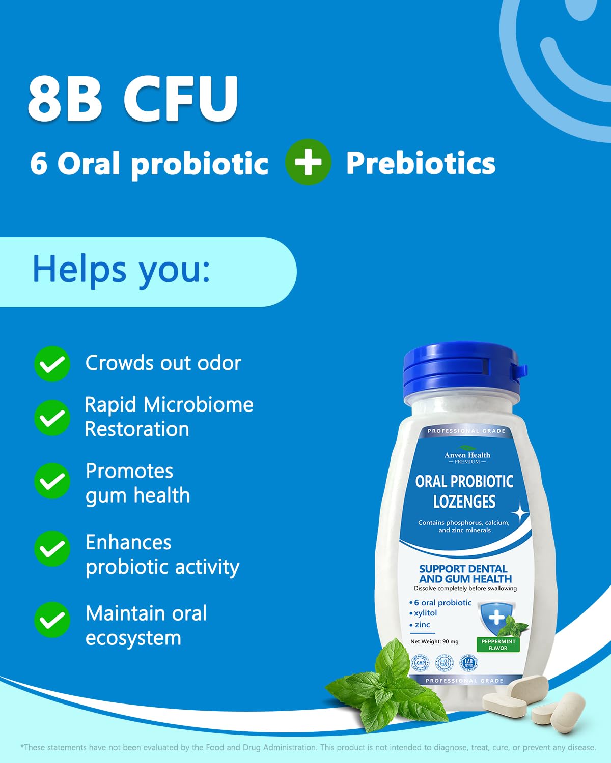 Anven Health Pastilles Probiotiques Orales — Prébiotique inuline pour nourrir les bonnes bactéries.