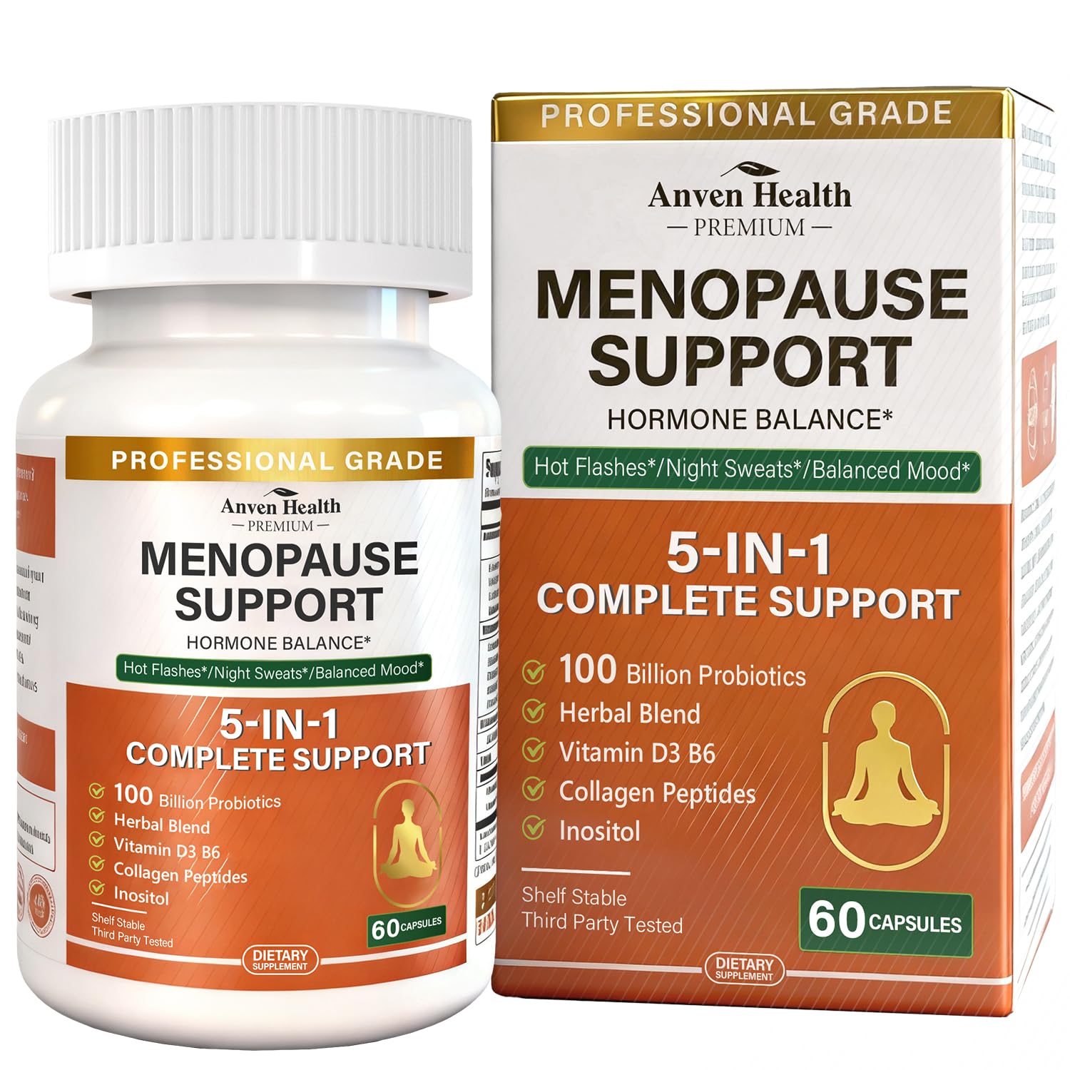 Bouteille Anven Health Menopause avec capsules pour soutien quotidien.