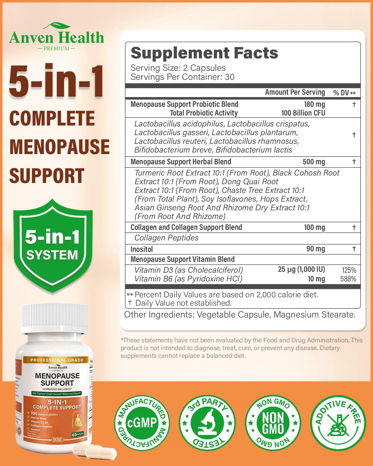 Étiquette du produit Anven Health Menopause avec ingrédients et conseils.