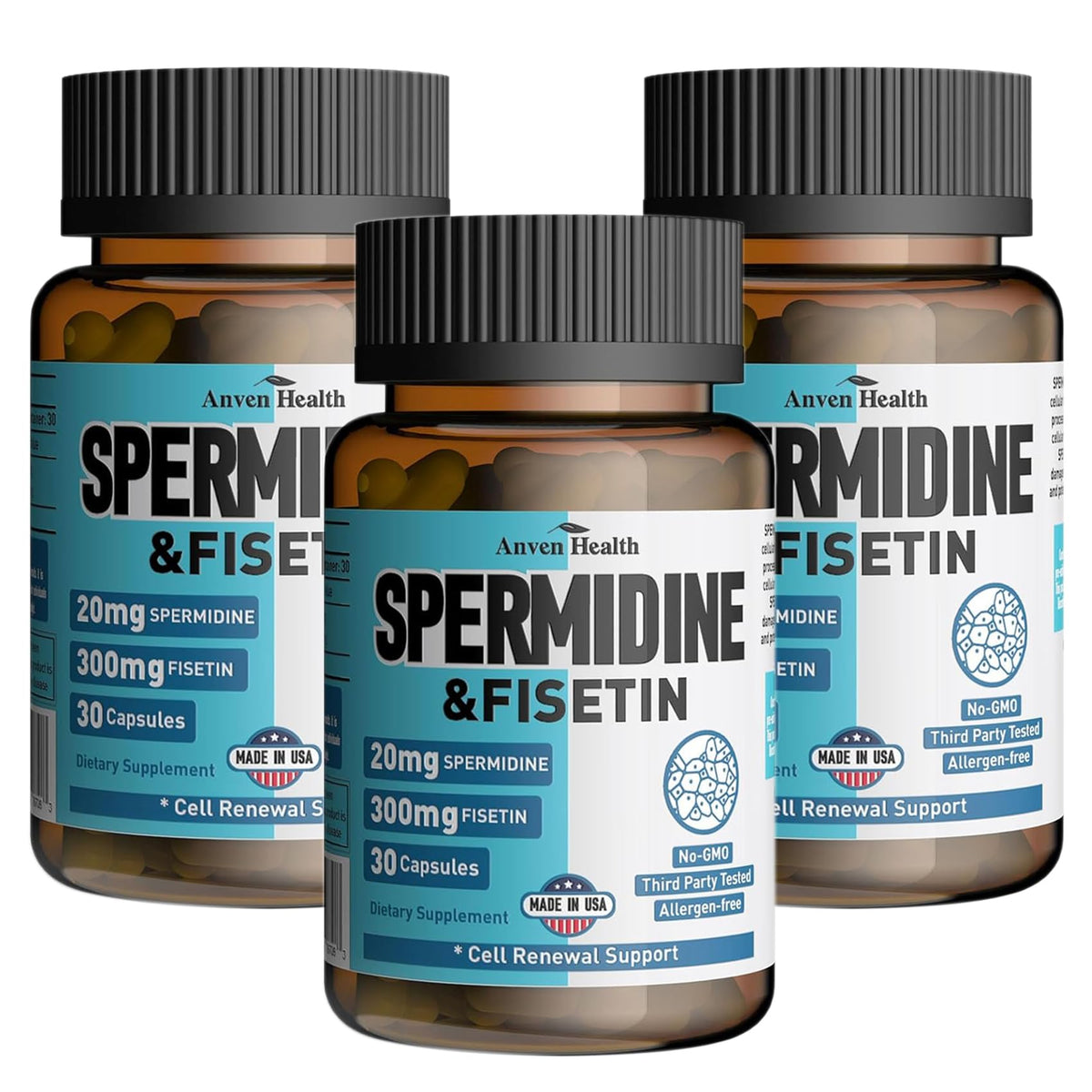 Anven Health Spermidine Fisetin gélules dans une bouteille, soutien potentiel à la vitalité.
