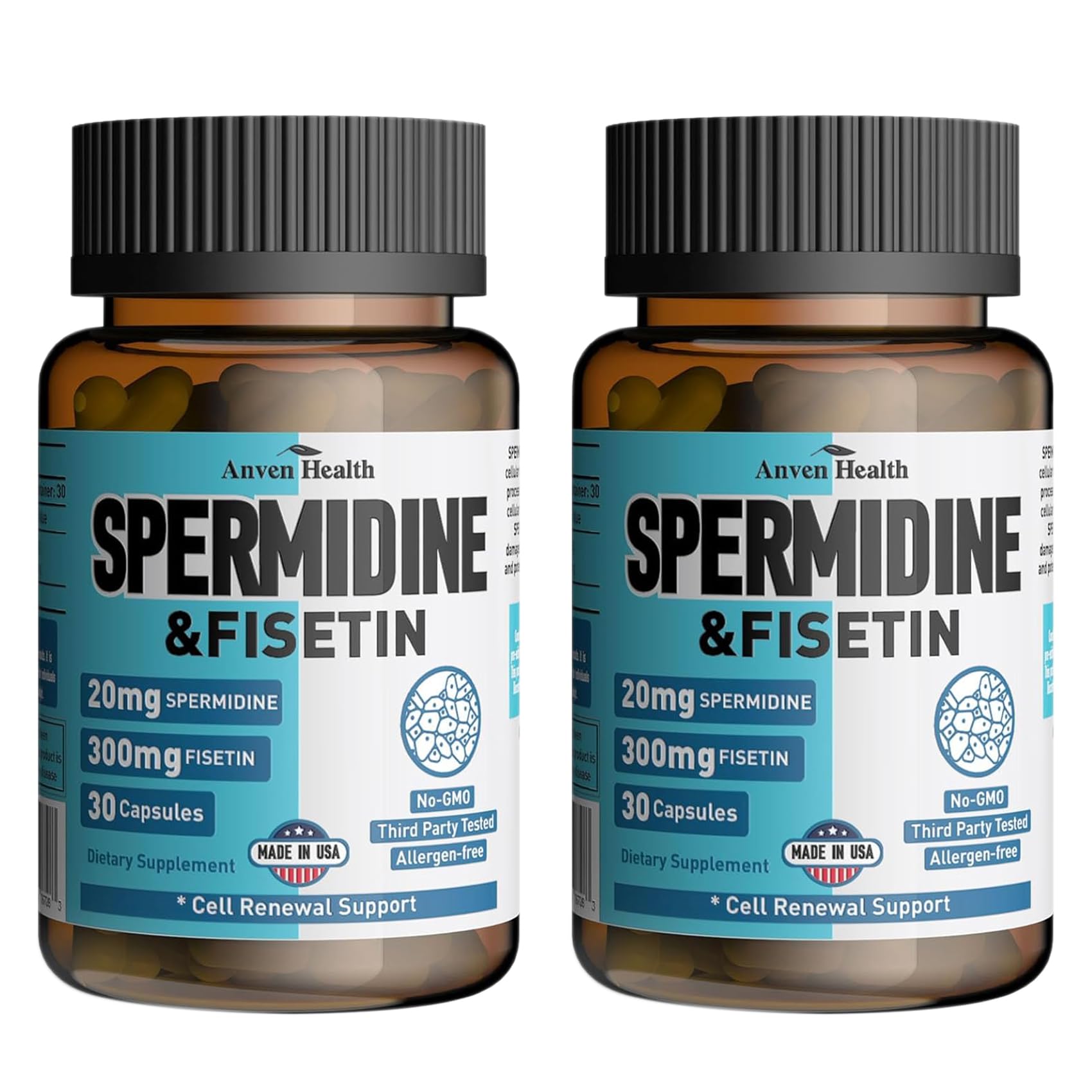 Anven Health Spermidine Fisetin, bouteille: soutien potentiel du renouvellement cellulaire au quotidien.