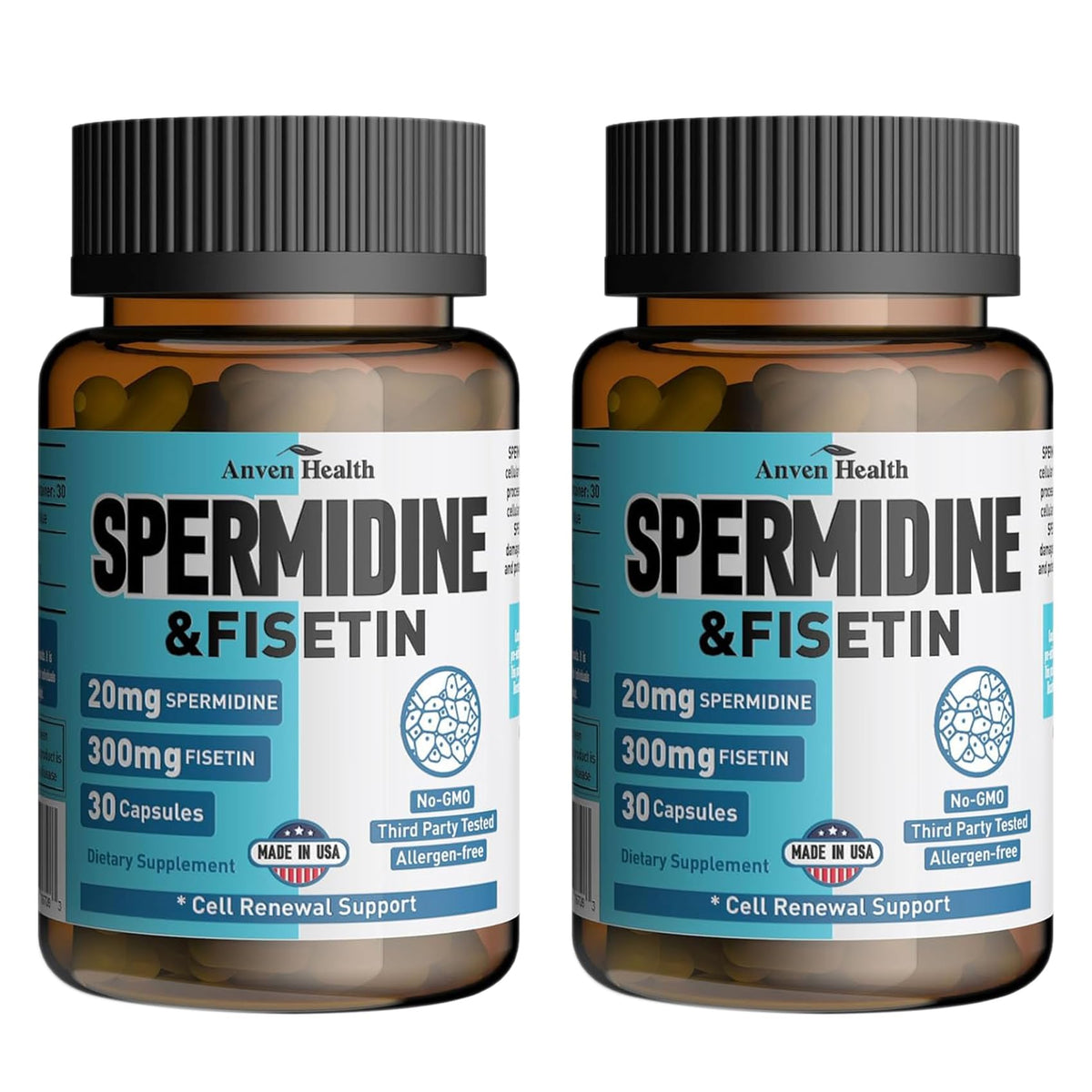 Anven Health Spermidine Fisetin, bouteille: soutien potentiel du renouvellement cellulaire au quotidien.