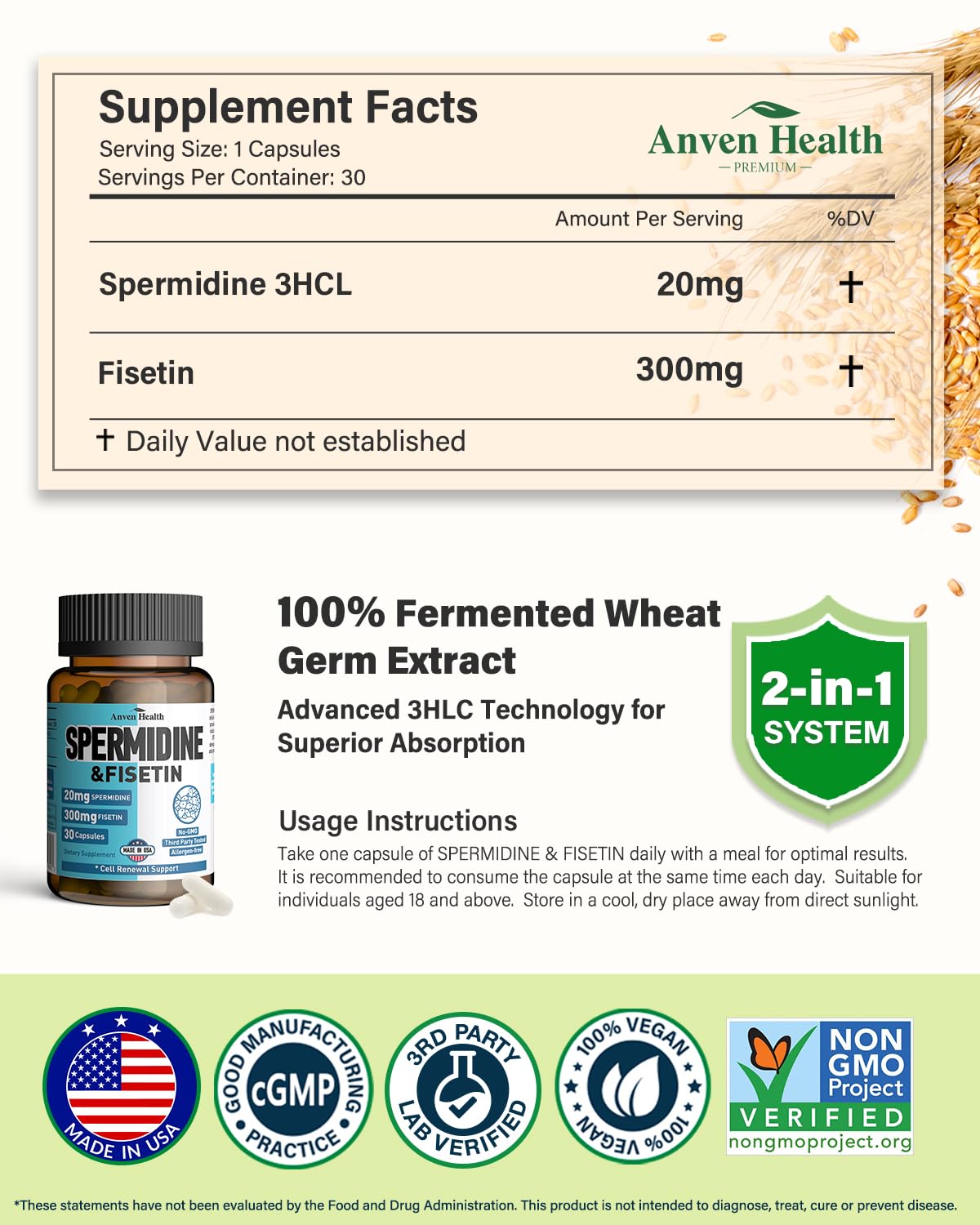 Bouteille Anven Health Spermidine Fisetin, capsules faciles à avaler.