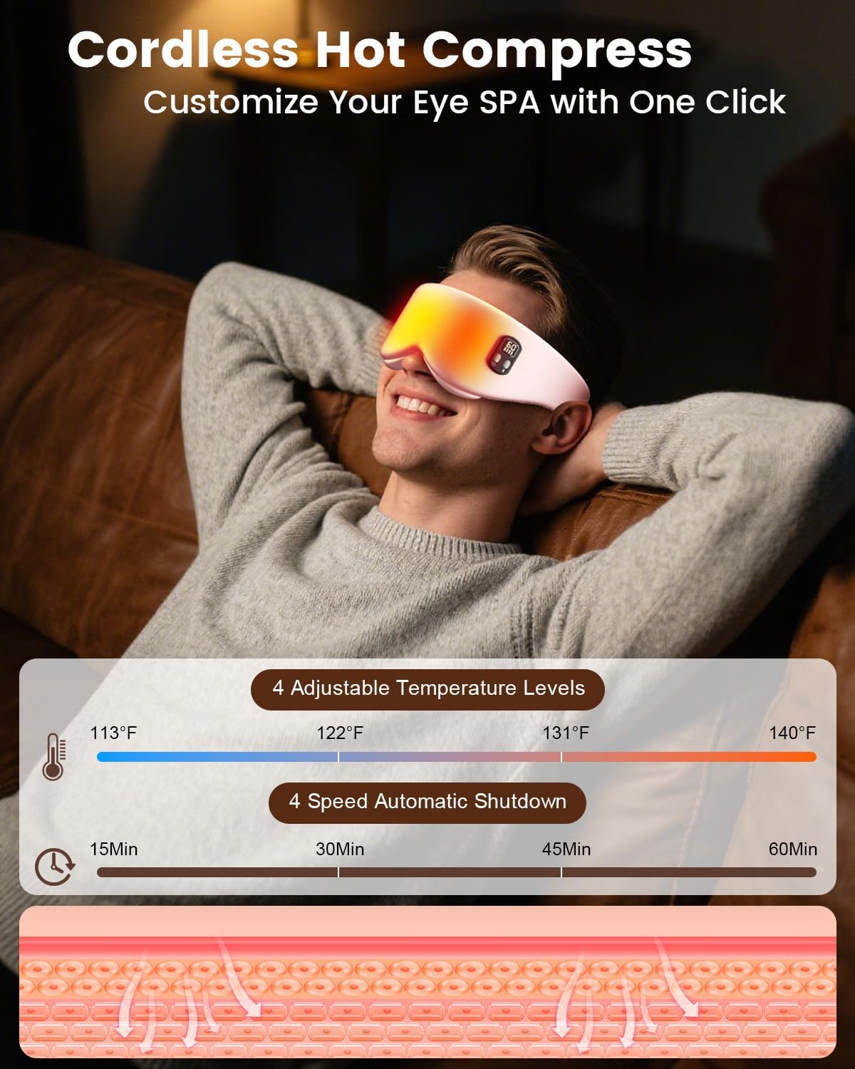 Anydance masque-yeux reglages chaleur rapides pour un confort immédiat.