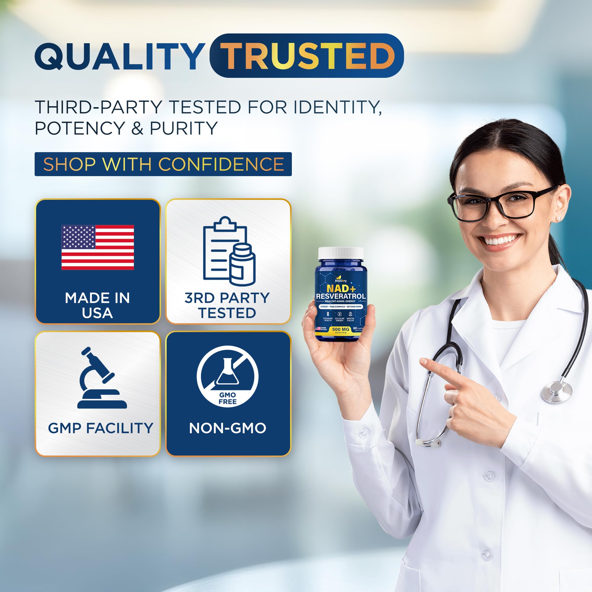 Anyglory NAD+ Plus – sceau de test tiers, assurance pureté et conformité