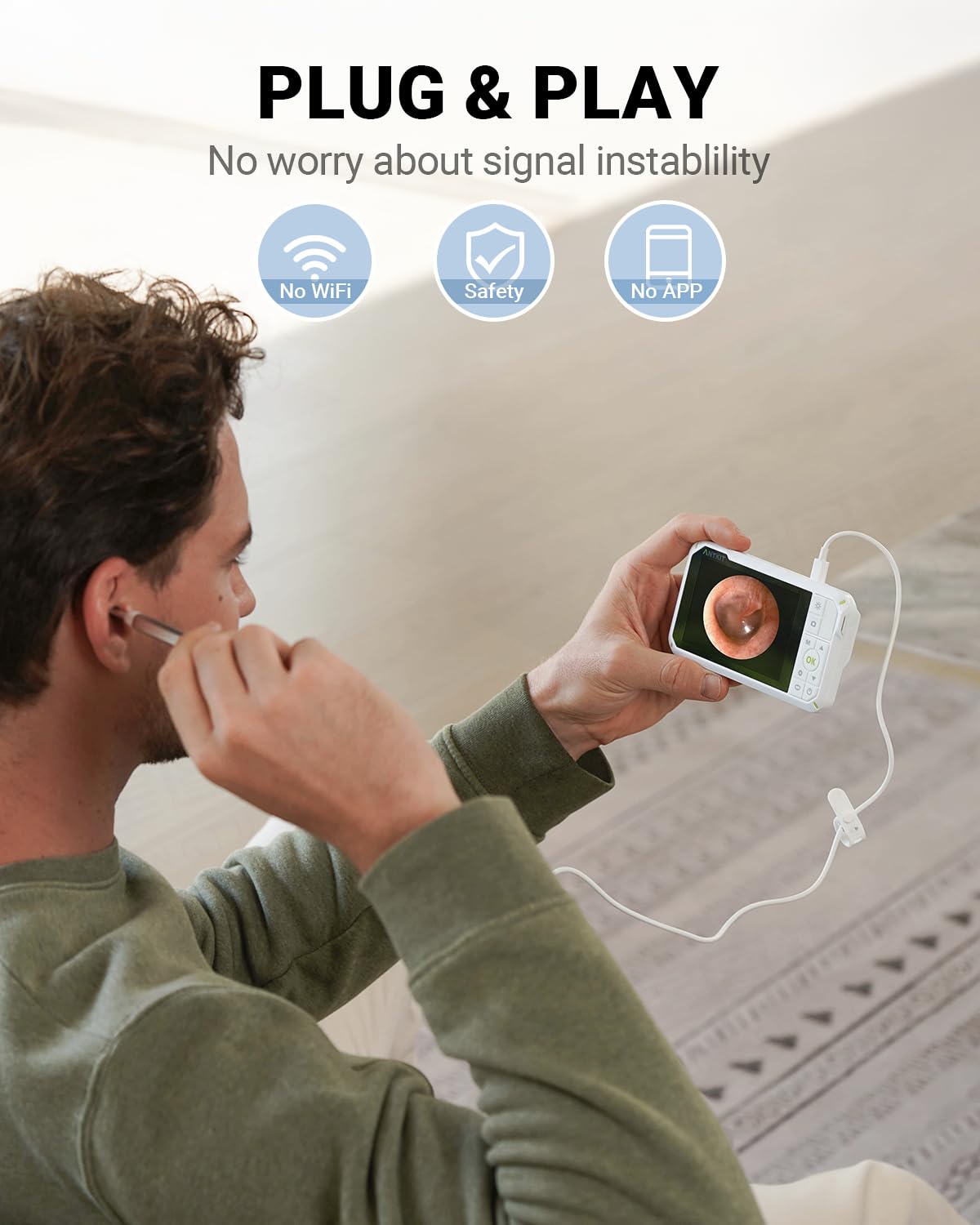 Otoscope Anykit avec gyroscope directionnel pour image stable pendant l’examen.