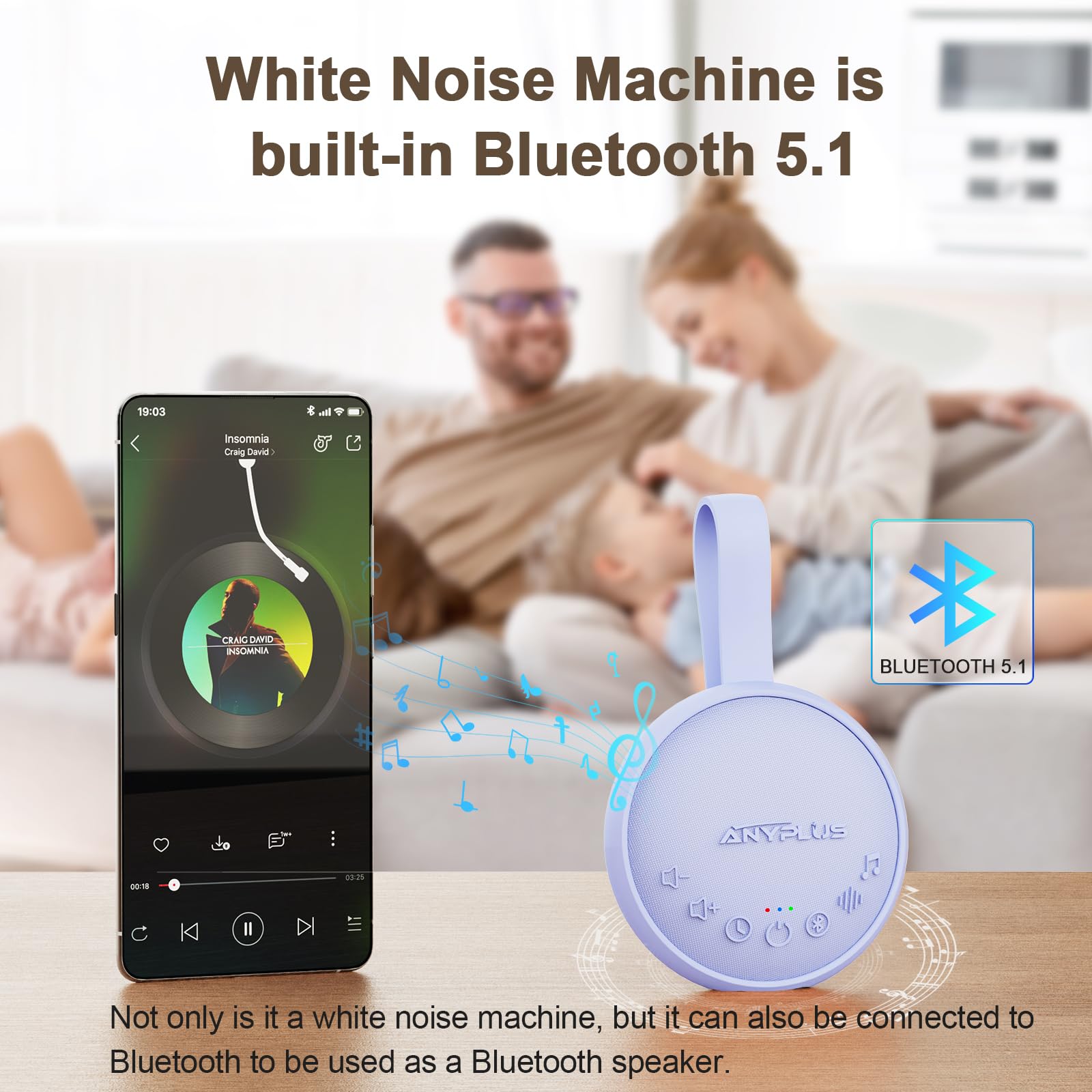ANYPLUS enceinte Bluetooth 5.1, connectée pour musique et sons apaisants.