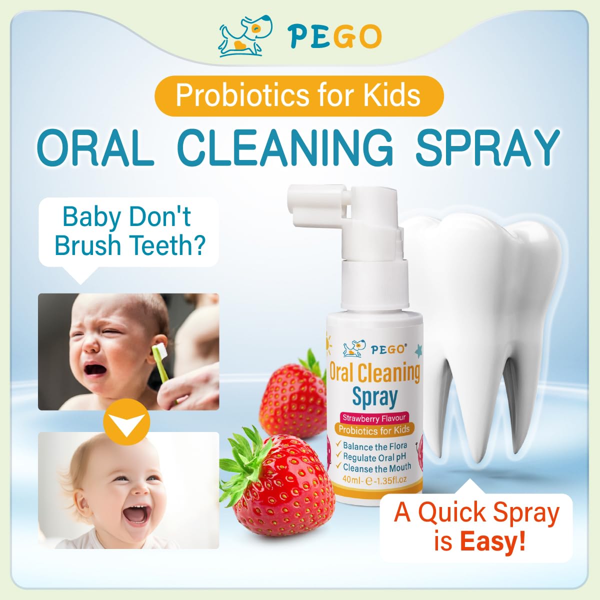 AOAO Kids Oral Spray — application sur gencives et dents après les repas.