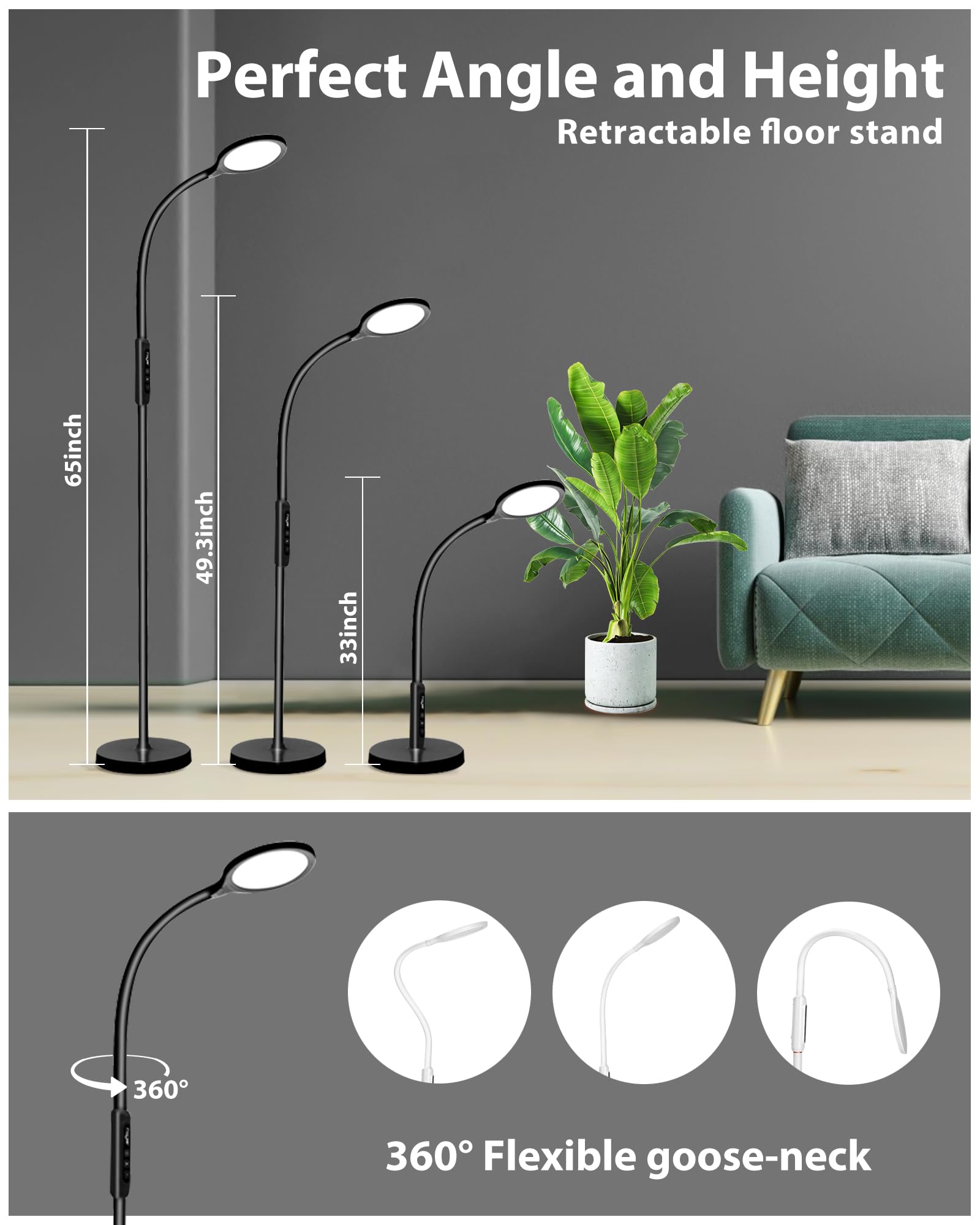 Lampadaire Aoife en salon, lumière dimmable et polyvalente pour les espaces.
