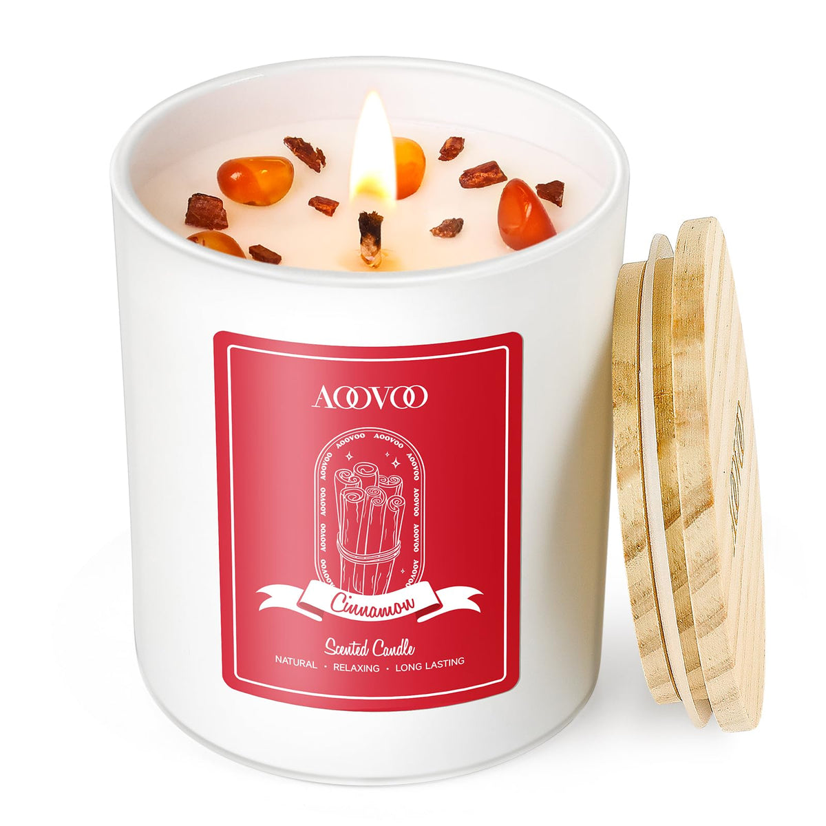 La bougie AOOVOO cannelle avec emballage élégant, parfaite comme cadeau réconfortant.