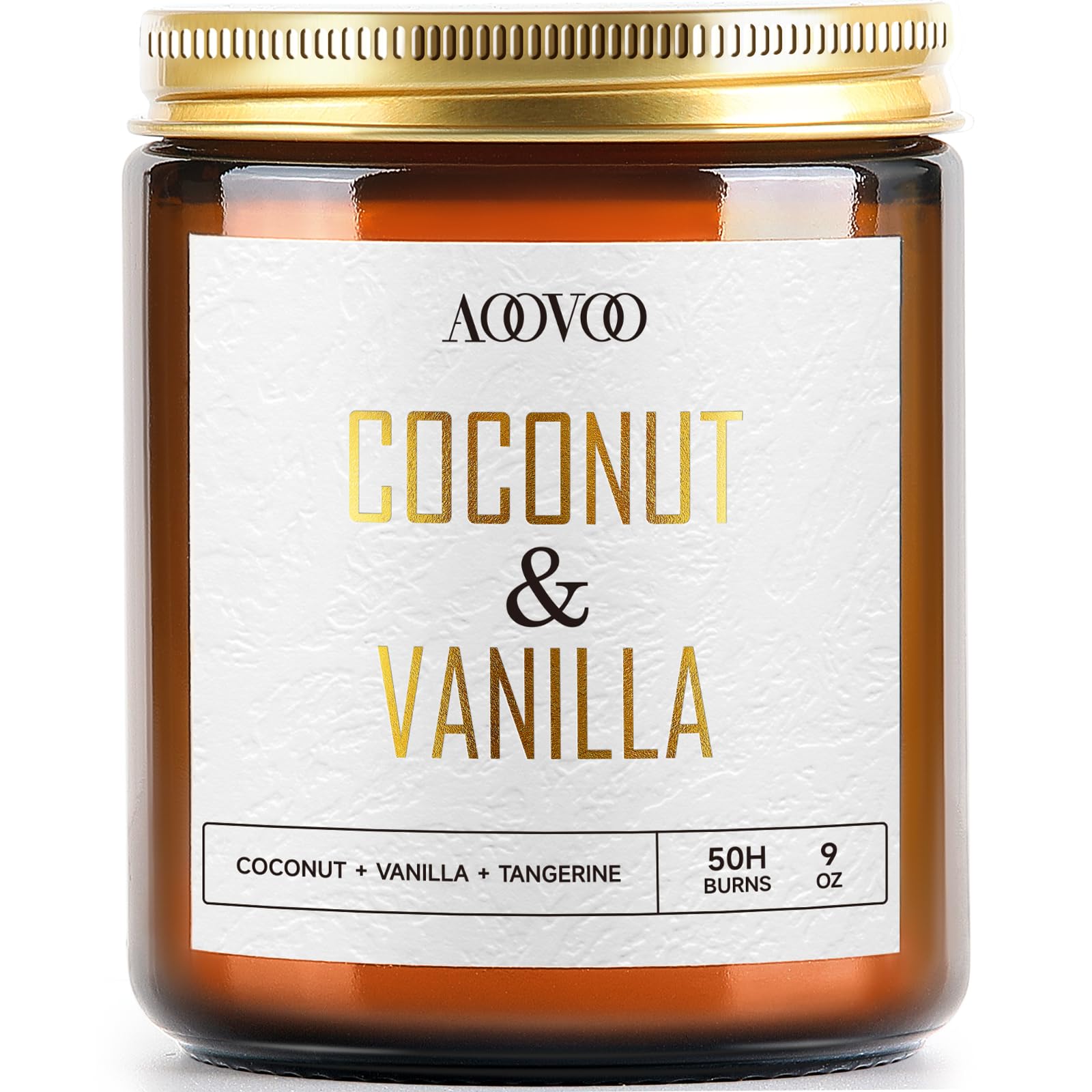 Bougie AOOVOO Coco Vanille dans un verre, parfum apaisant pour salon.