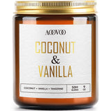 Bougie AOOVOO Coco Vanille dans un verre, parfum apaisant pour salon.