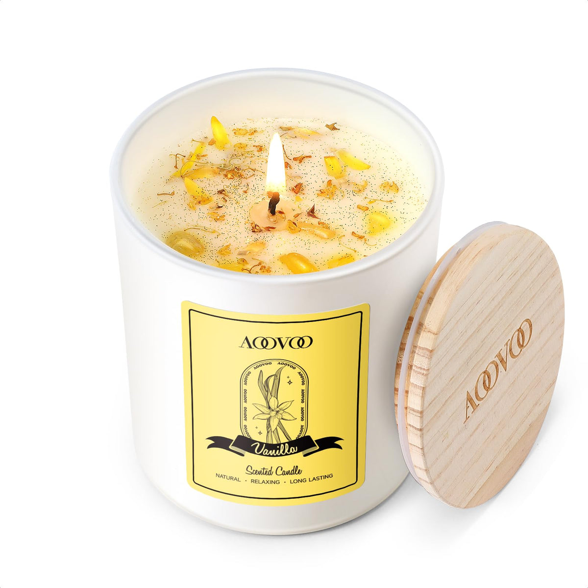 Bougie AOOVOO vanille avec cristaux intérieurs, aromathérapie apaisante.