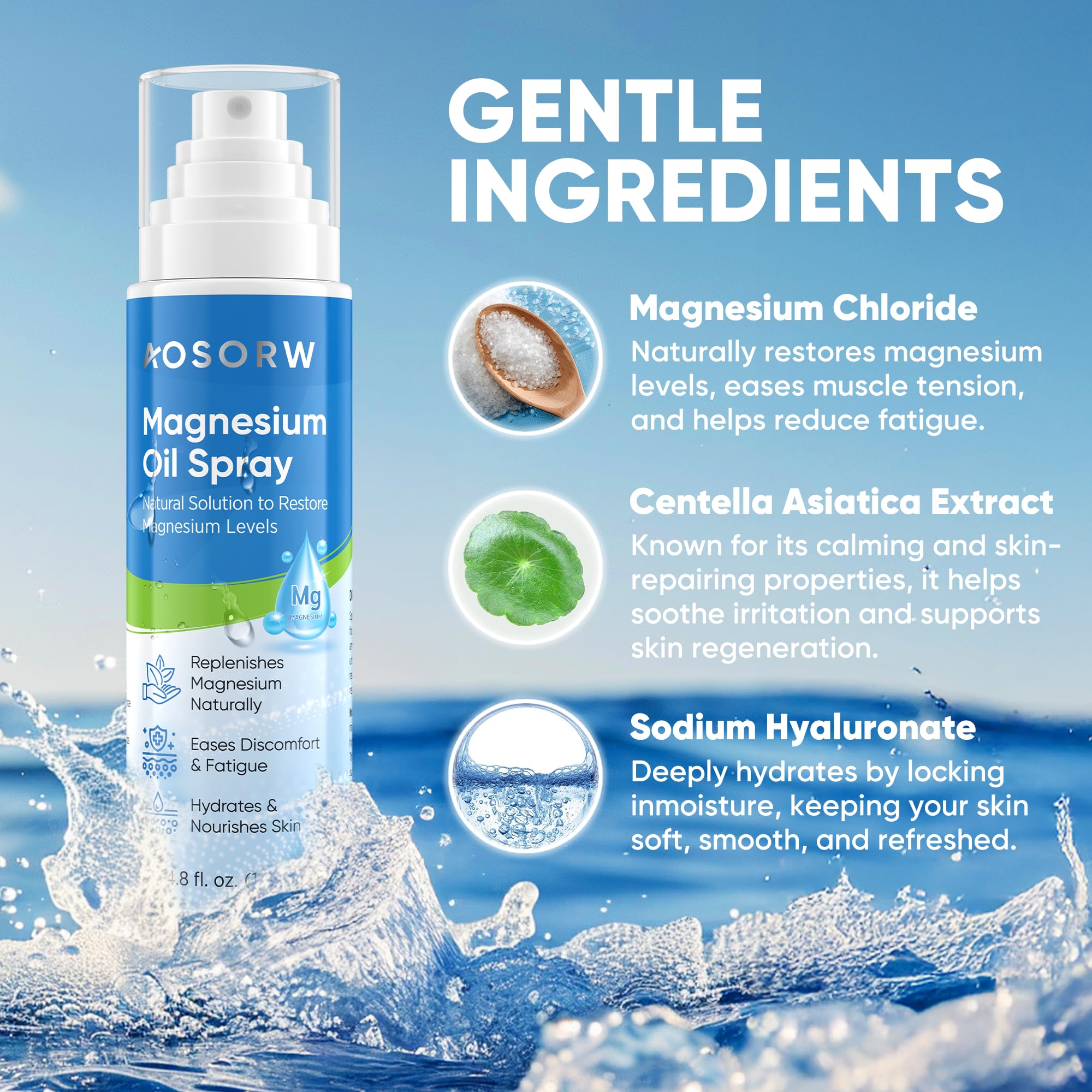AOSORW spray magnésium appliqué sur la peau pour relaxer les muscles après l'effort.