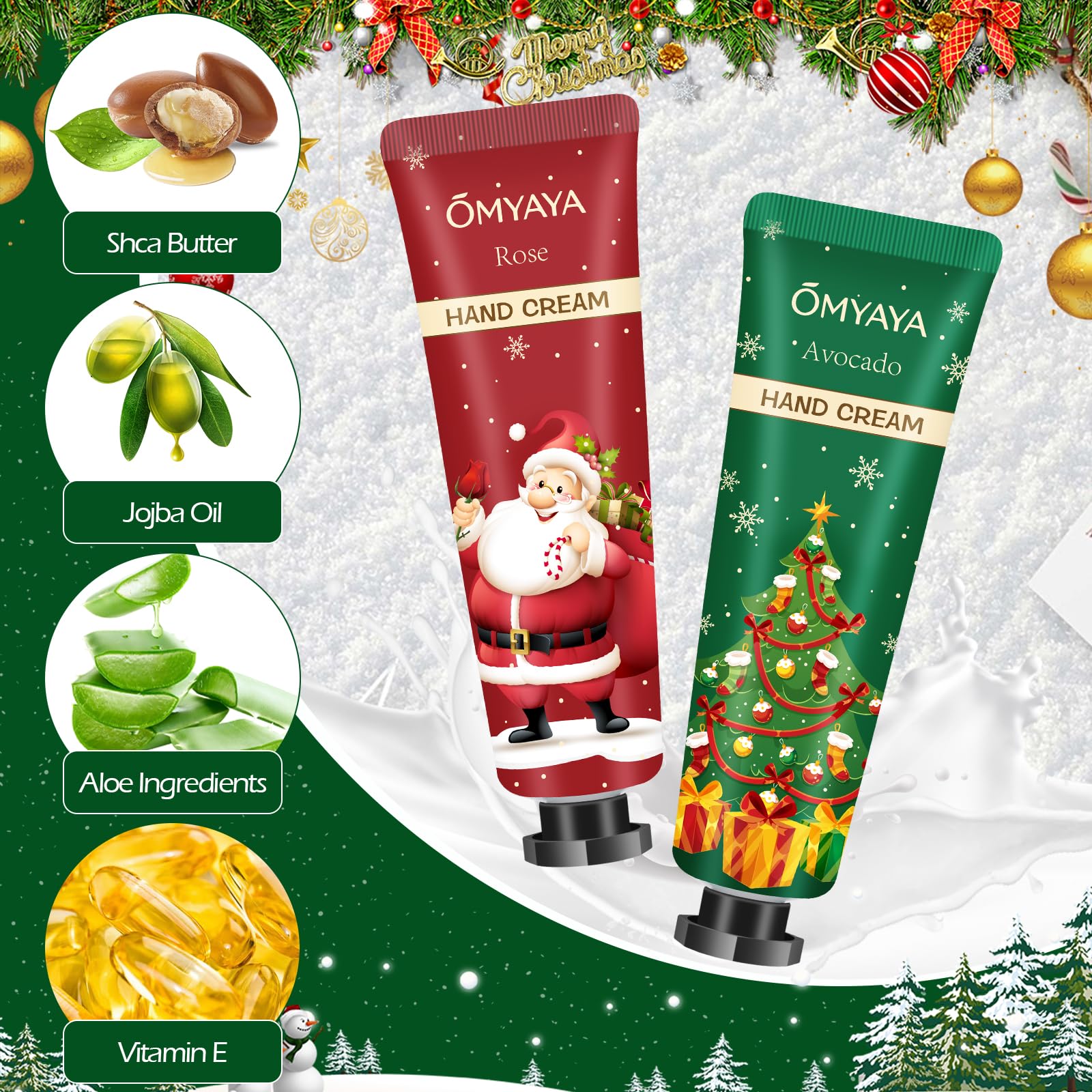 Crème main Aottom Noël format mini, hydratation rapide sans gras.