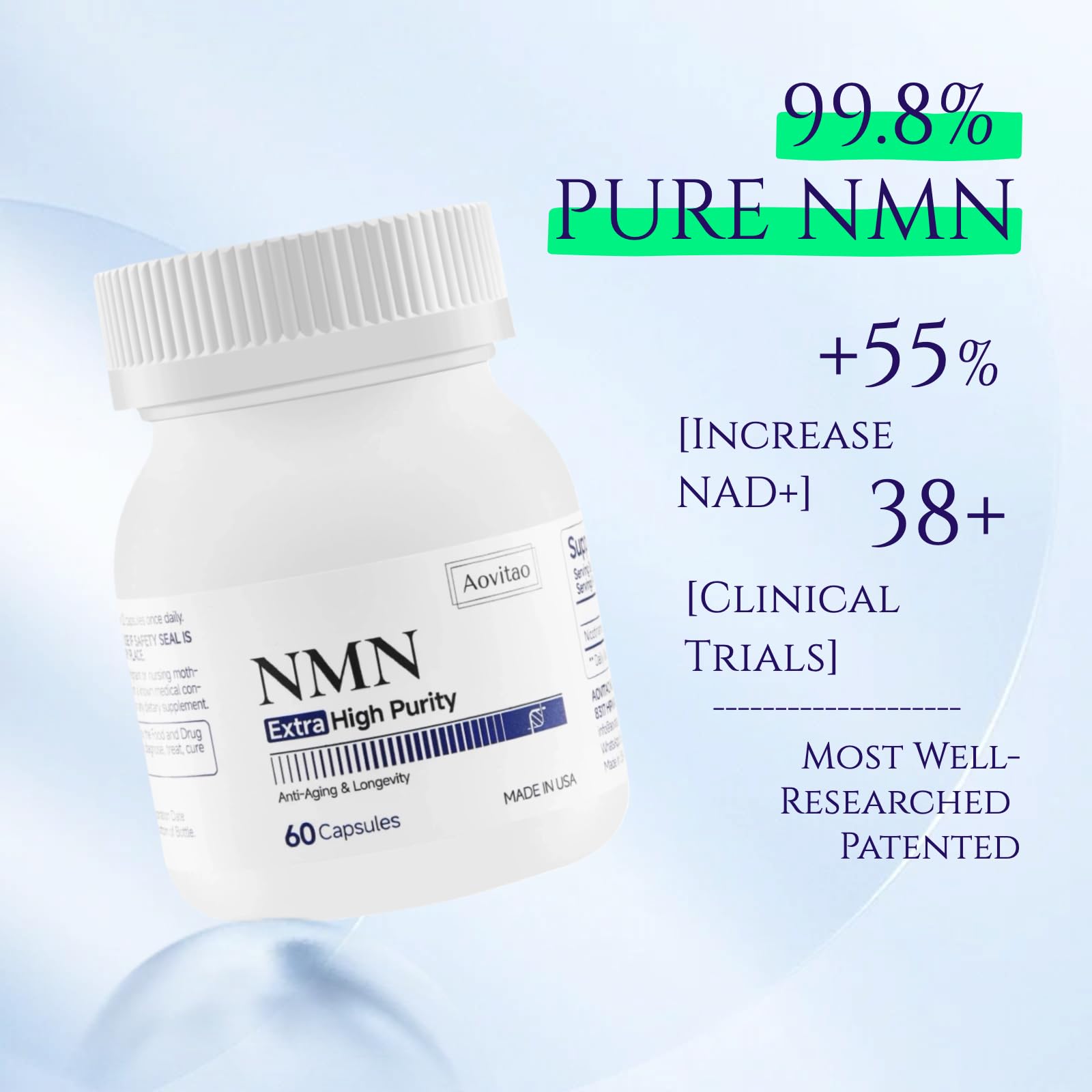 Étiquette AOVITAO NMN sans additifs, présentation fiable.