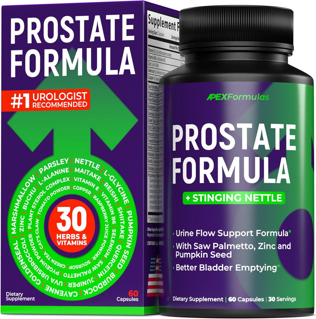 APEXFORMULAS Prostate Santé – bouteille, format 60 gélules, soutien quotidien potentiel.