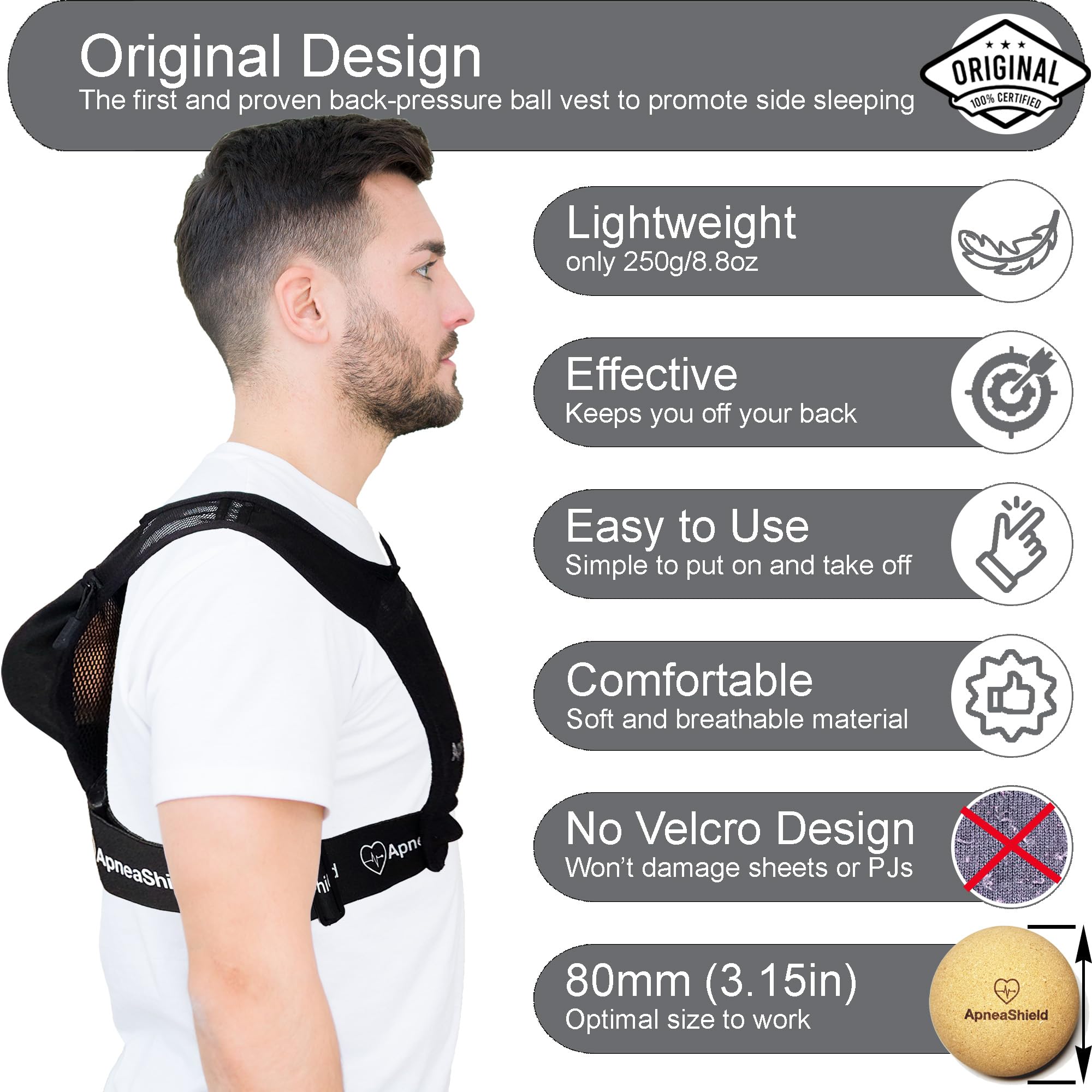 ApneaShield léger et confortable, 250 g et matière respirante pour le confort nocturne.