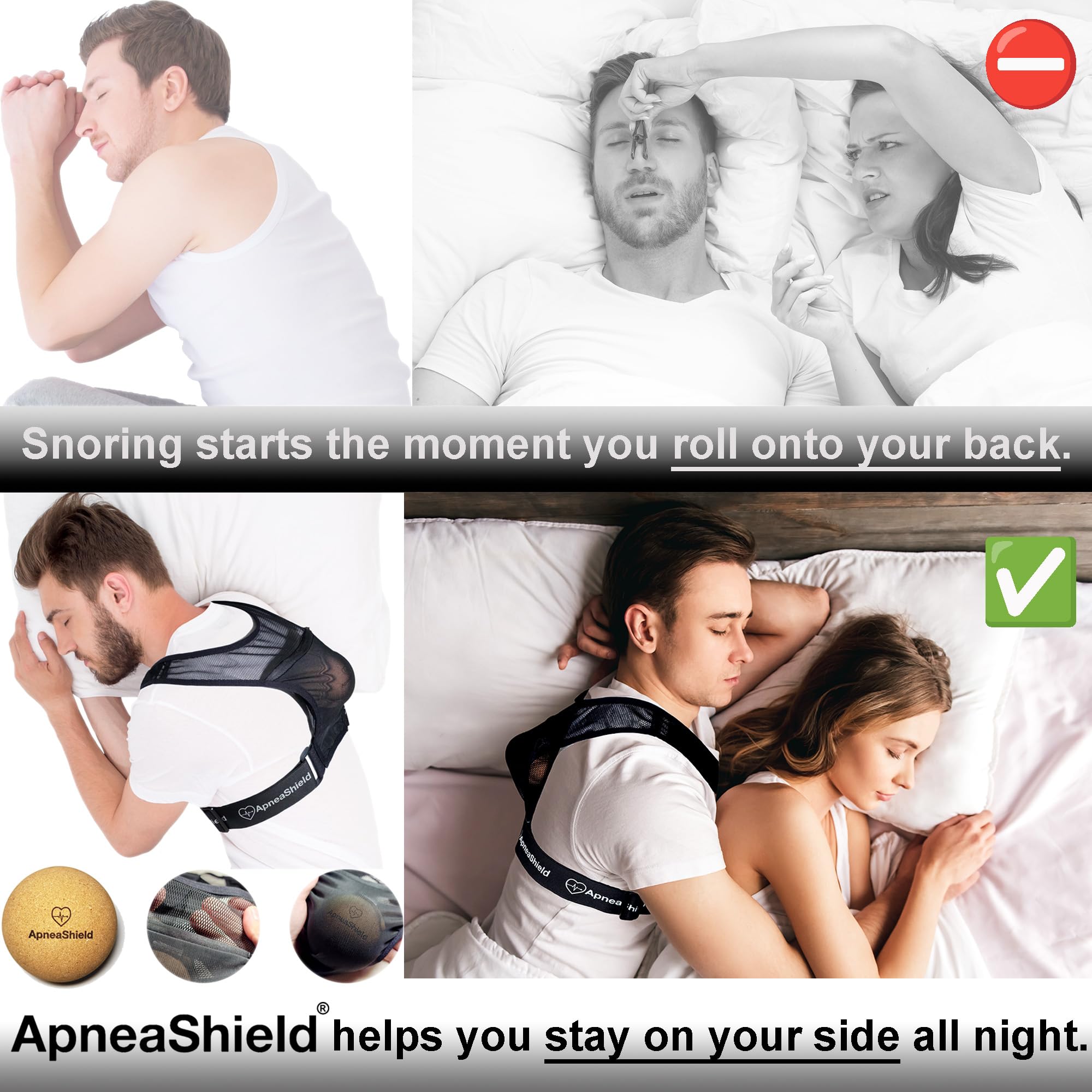 ApneaShield réduction ronflement guidée par sa balle de pression dorsale.