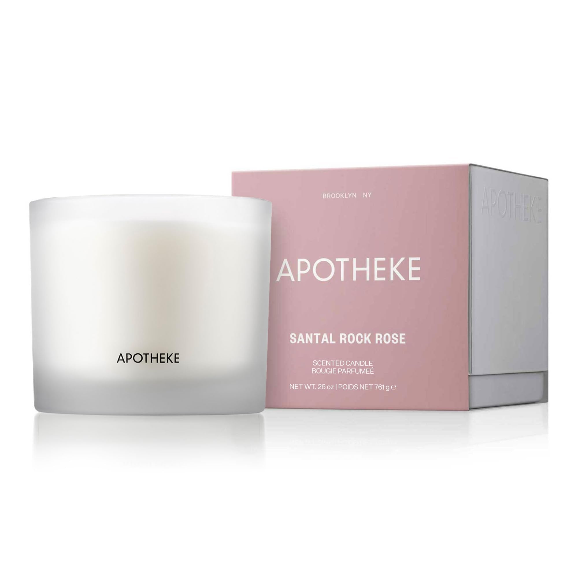 Bougie APOTHEKE Santal Rock Rose, 3 mèches, parfum durable dans son verre.