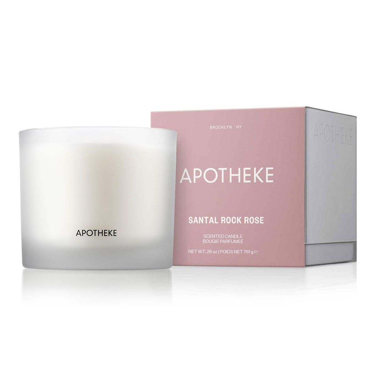 Bougie APOTHEKE Santal Rock Rose, 3 mèches, parfum durable dans son verre.