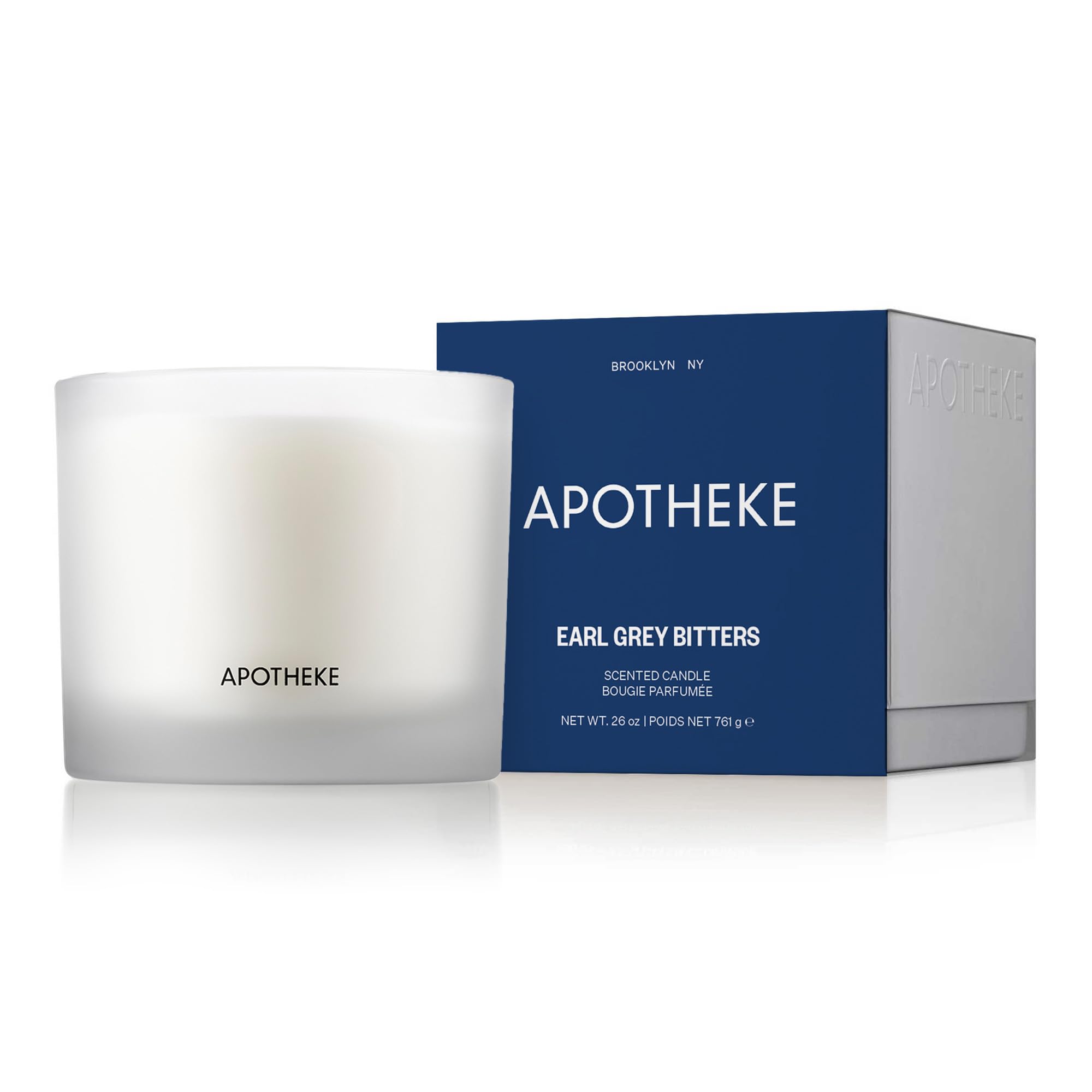 Bougie APOTHEKE Earl Grey Bitters à trois mèches pour le salon.