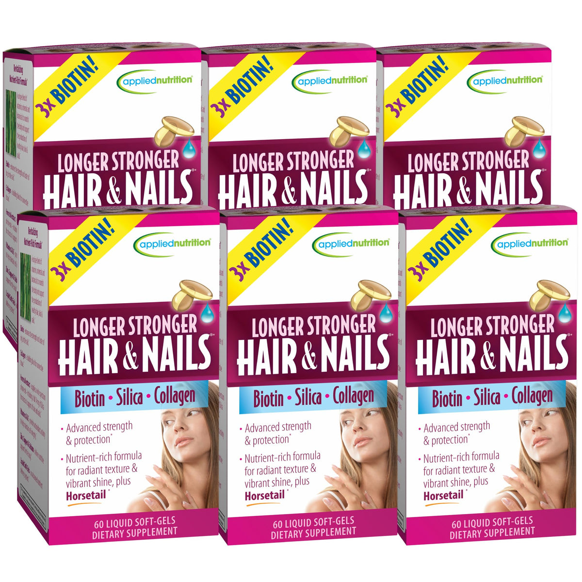 Applied Nutrition – bouteille de gélules liquides, pratique pour cheveux et ongles.