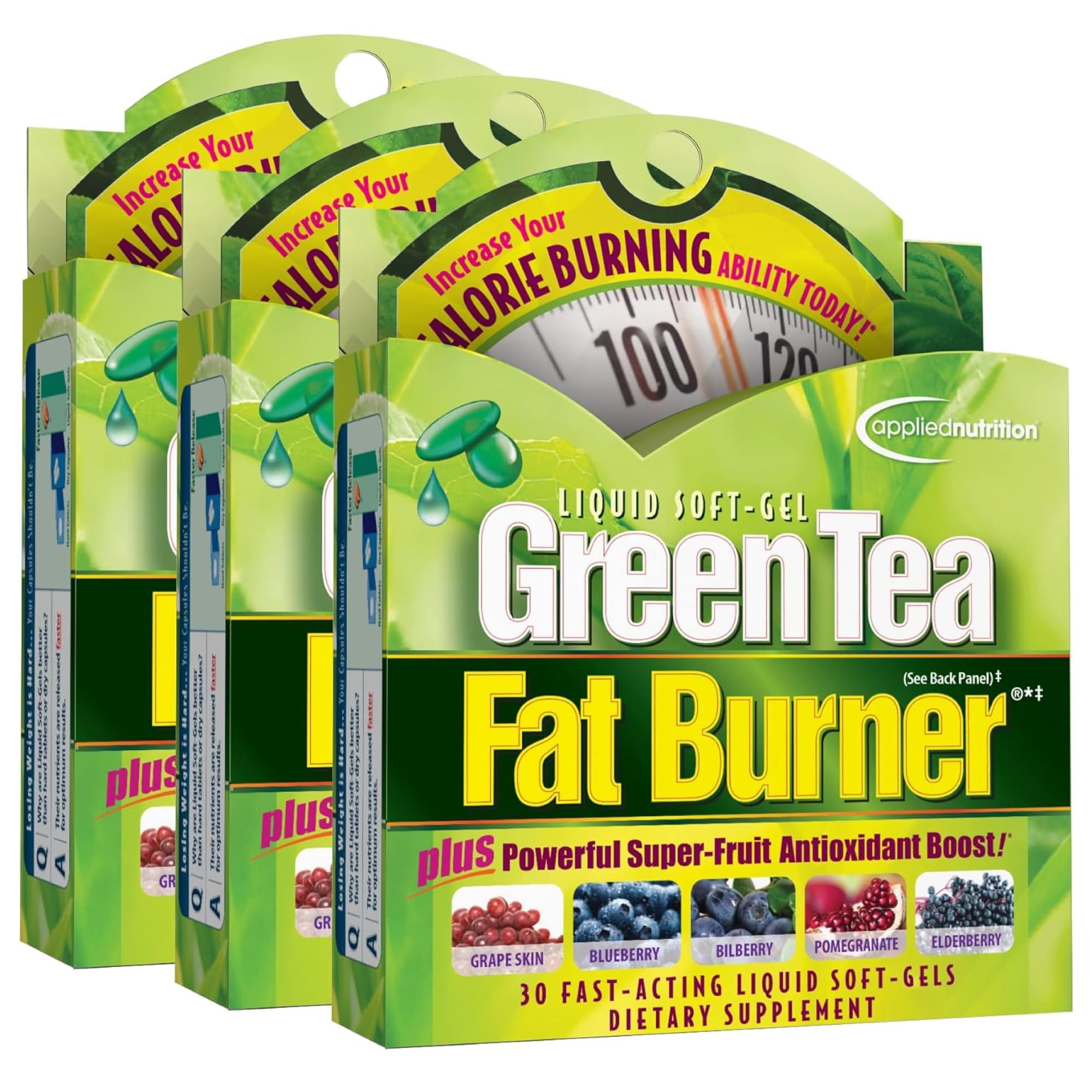 Applied Nutrition Green Tea Fat Burner pack 3 boîtes, format pratique pour une utilisation discrète.