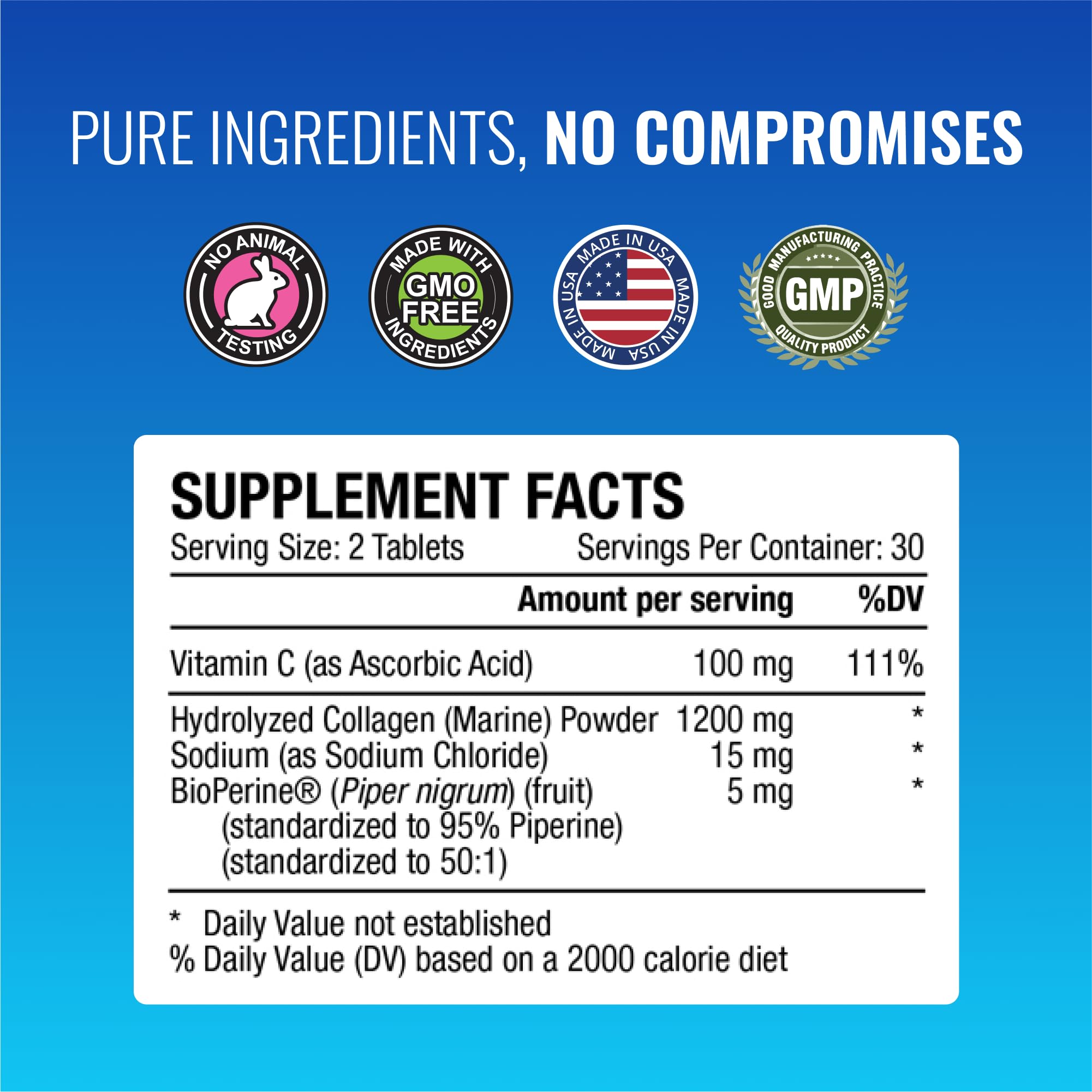 Formule avec Bioperine et sodium pour absorption potentielle.
