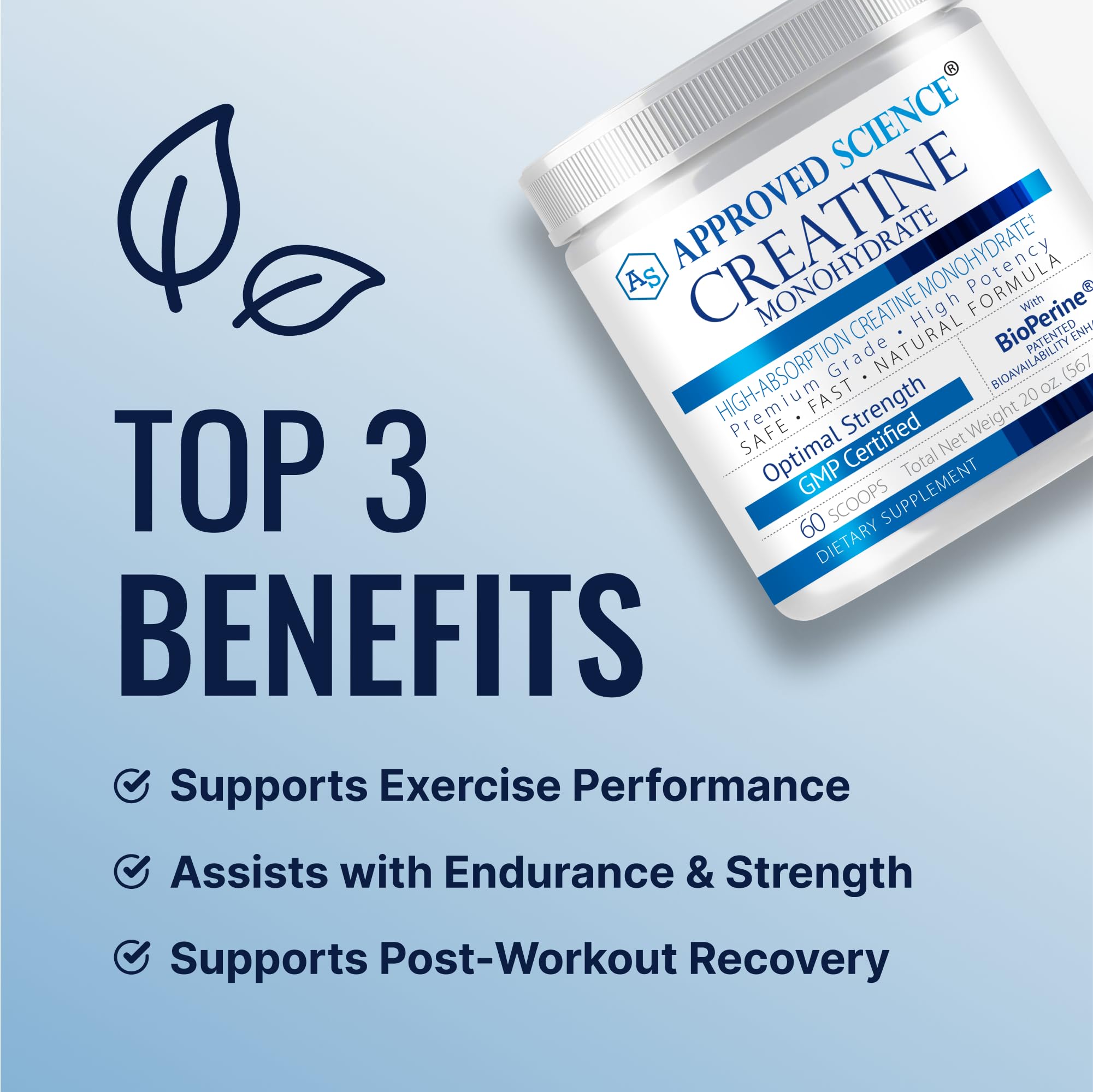 Approved Science Creatine Monohydrate – BioPerine intégré pour absorption améliorée.