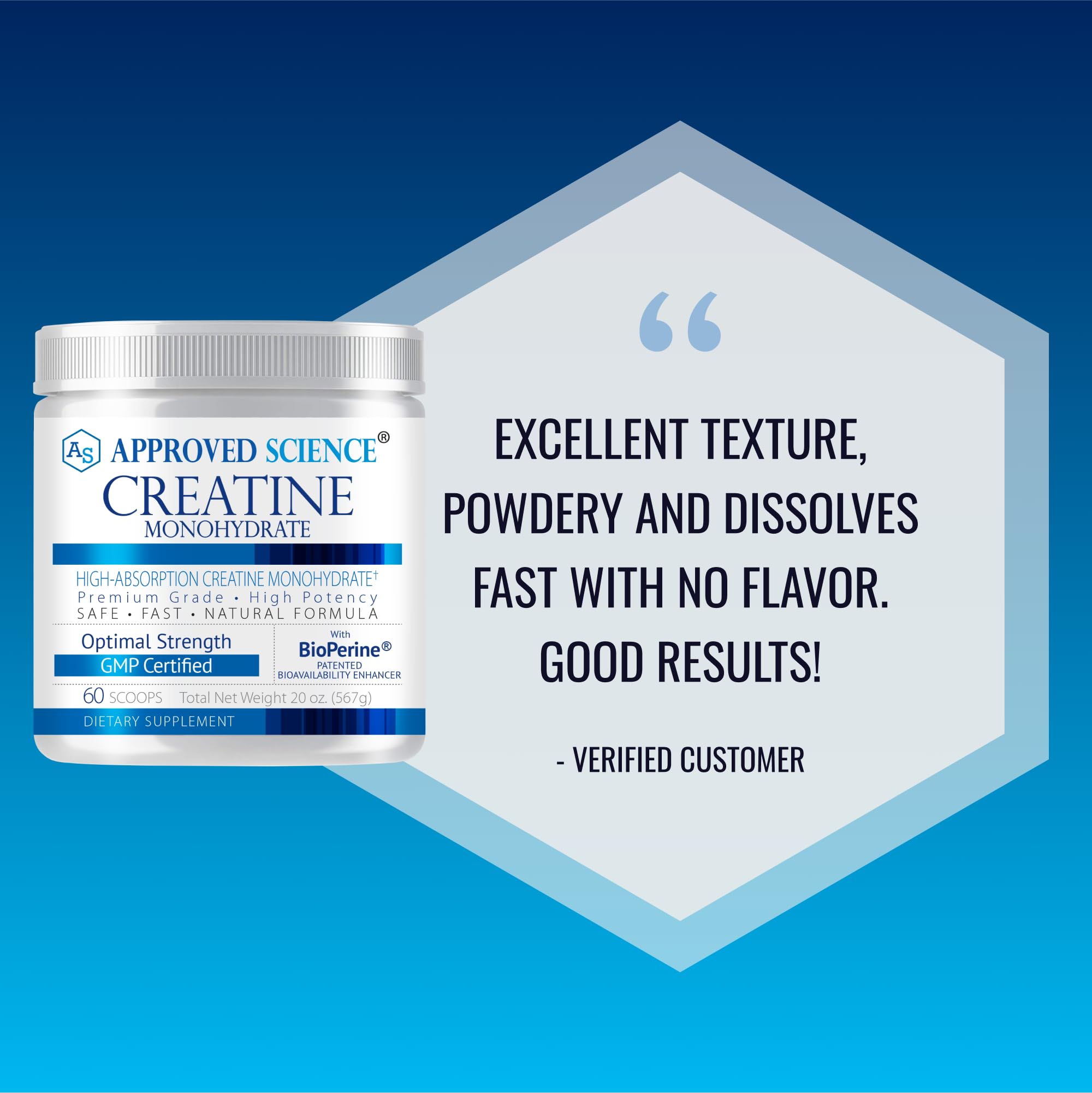 Approved Science Creatine Monohydrate – emballage 60 portions sans additifs.