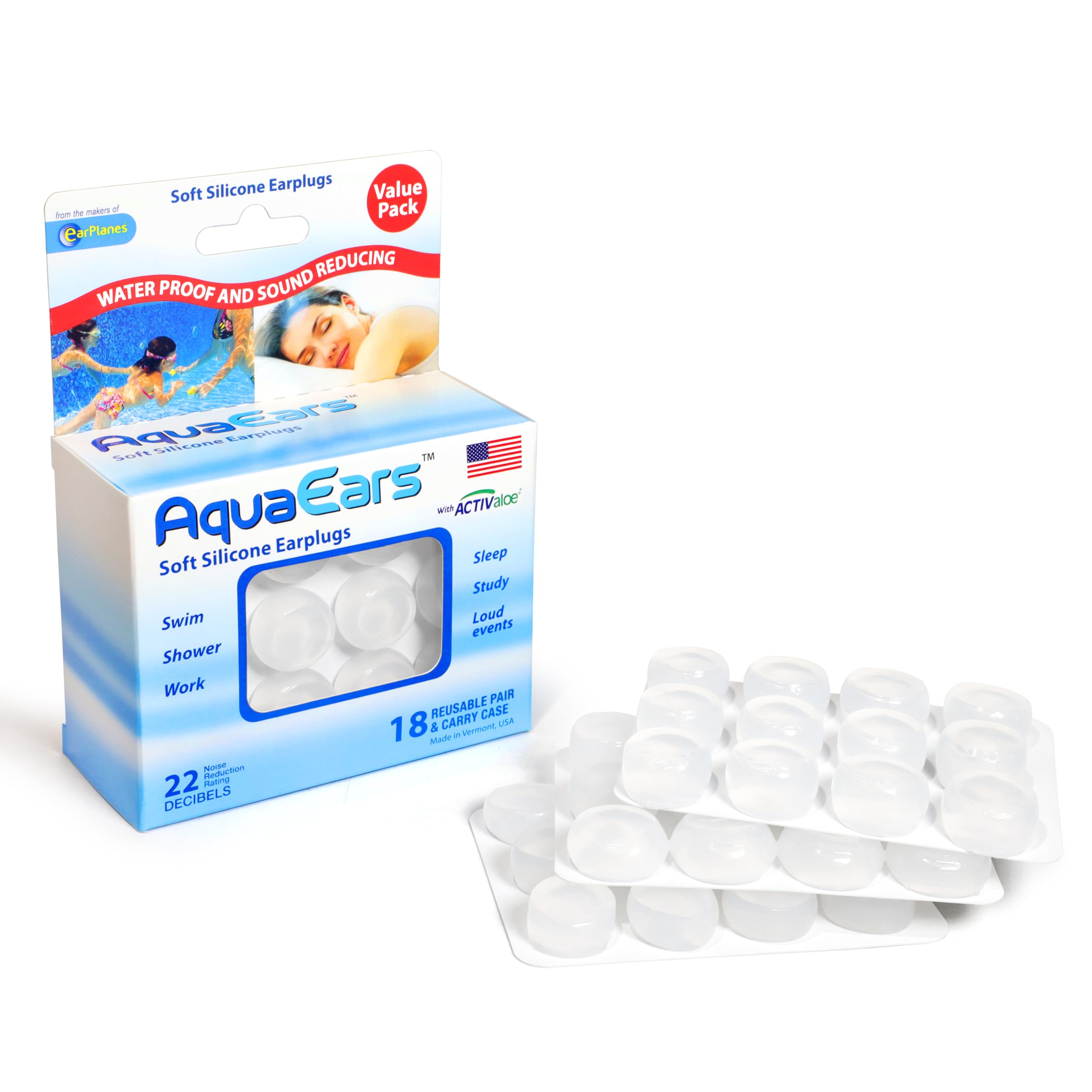 Bouchons Aqua Ears en silicone moulable pour un ajustement personnalisé et confortable.