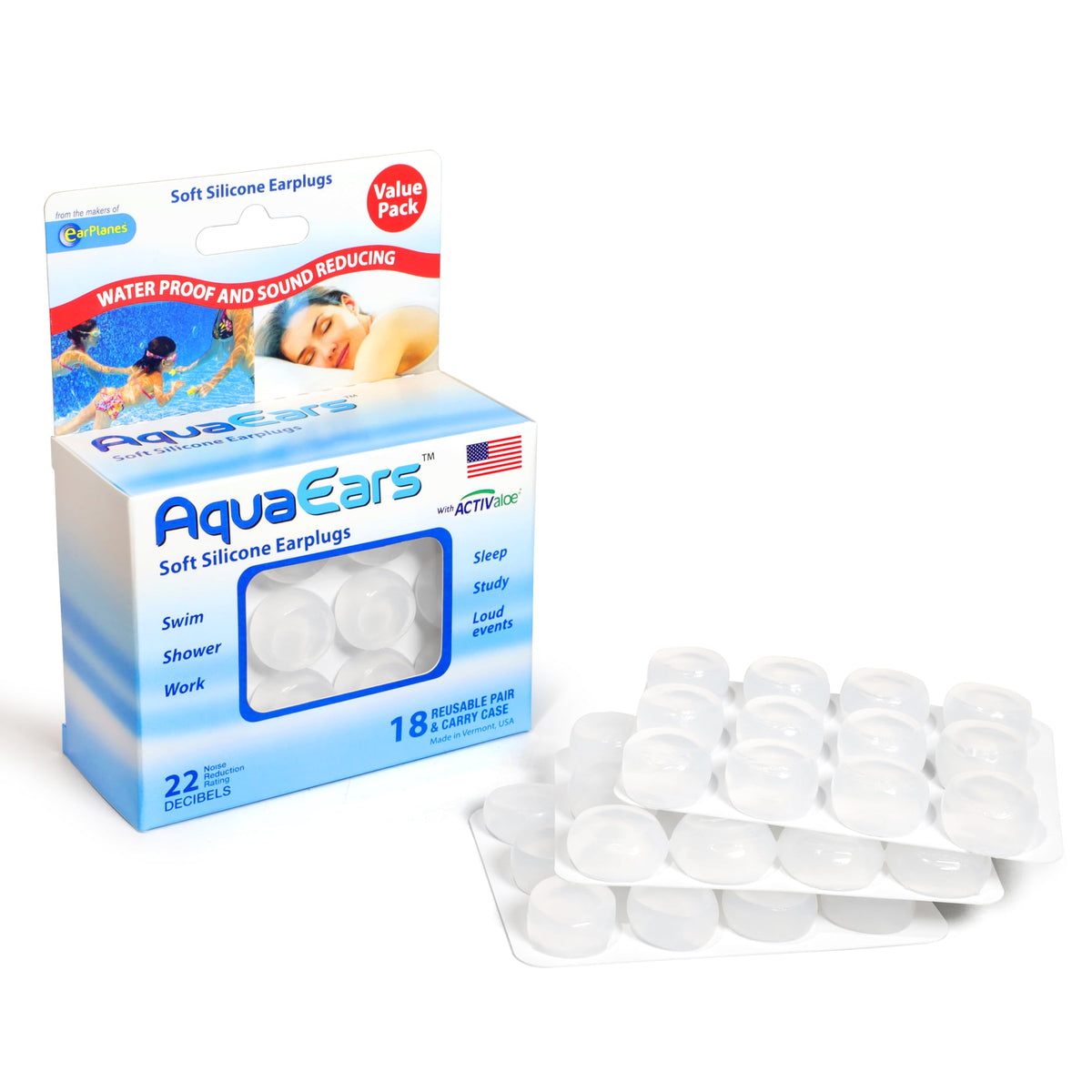 Bouchons Aqua Ears en silicone moulable pour un ajustement personnalisé et confortable.