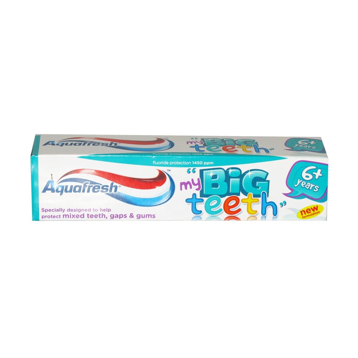 Dentifrice Aquafresh Big Kids 6+ ans, tube, menthe fraîche protège l'émail et rafraîchit l'haleine.