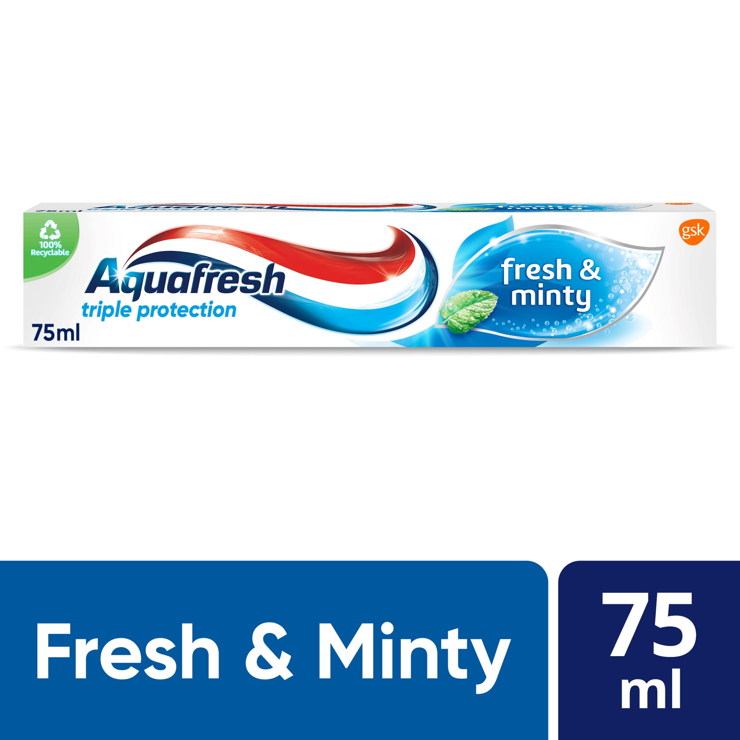 Aquafresh Triple Protection menthe fraîche, gros plan sur le tube.