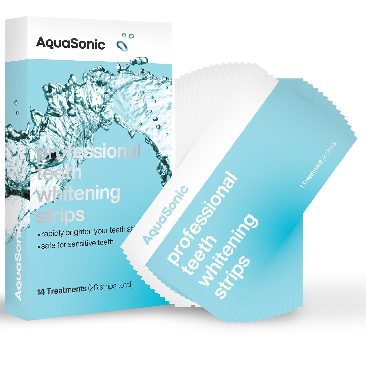 Aquasonic coffret bandes-blanchiment-dents promet un sourire plus clair après utilisation.